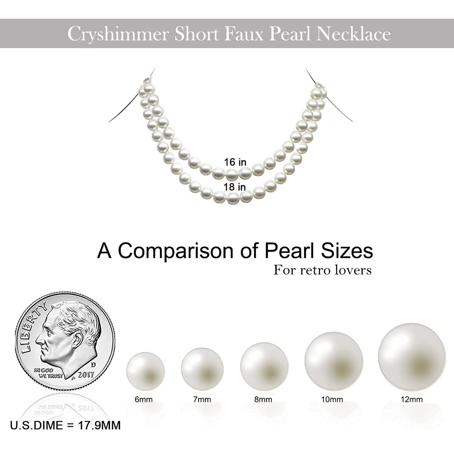 Cryshimmer Pearl Choker Necklace for Women Faux Pearl Beads Strand Pearl Necklaces Wedding Brides Costume Jewelry,8MM