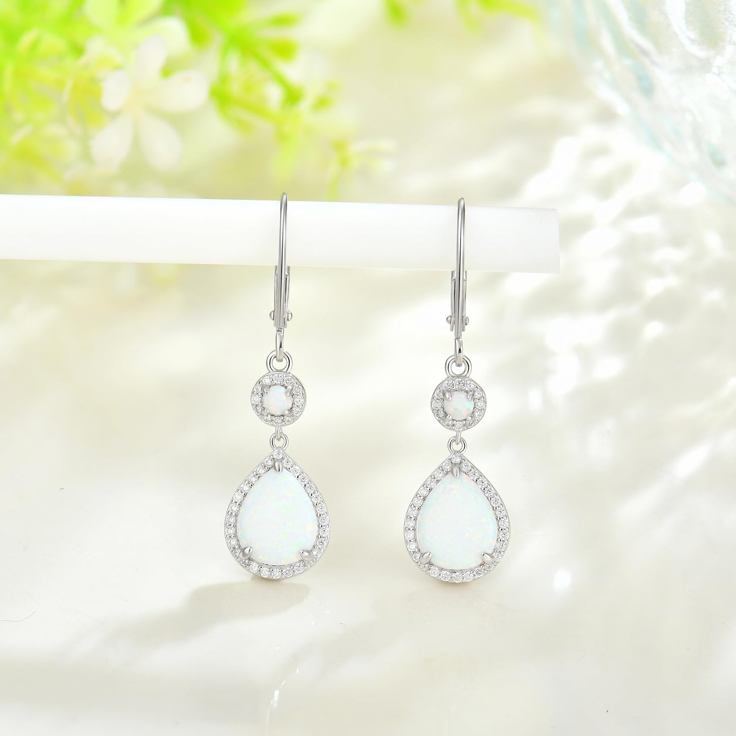 FYNSBLE White Opal Earrings for Women Sterling Silver Dangle Drop Leverback Earrings Hypoallergenic Jewelry for Women