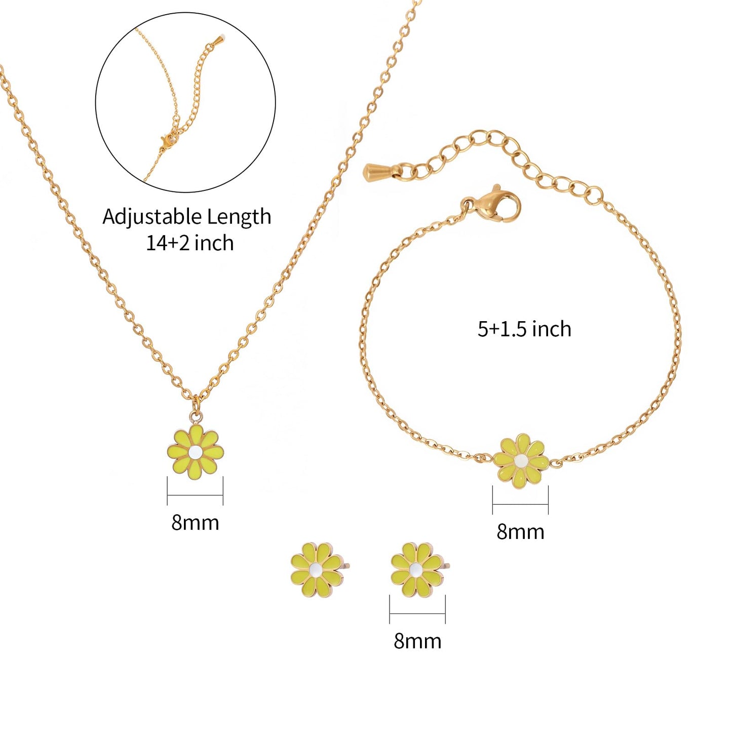 TaYolnFaSo Mini Yellow Flower Jewelry Set for Female Dainty Cute Enamel Small Floral Necklace Earrings Bracelet Set Birthday Gift for Her