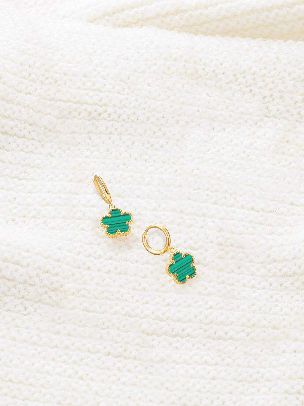 Gold Plated Five Leaf Clover Dangle Earrings for Women Lucky Flower Jewelry (Green Stripe-14K Gold Plated)
