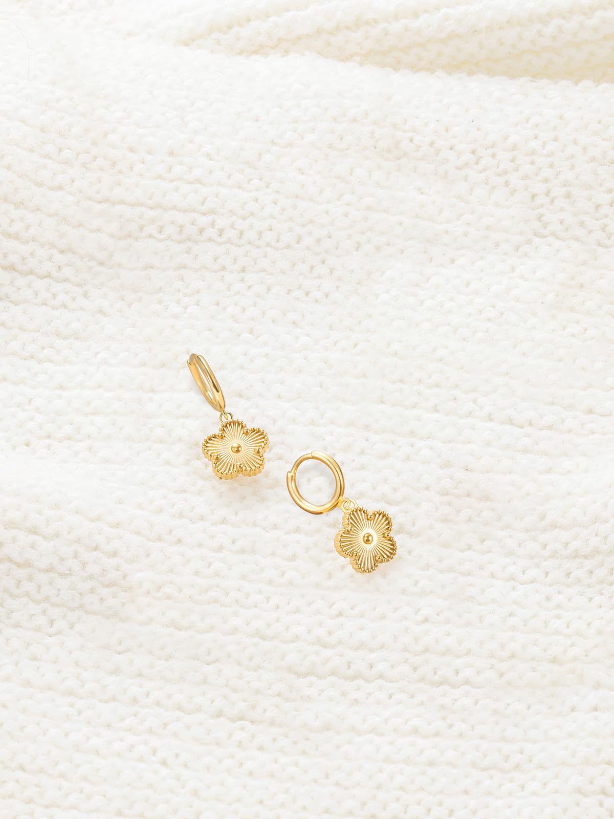 Gold Plated Five Leaf Clover Dangle Earrings for Women Lucky Flower Jewelry (Gold-14K Gold Plated)