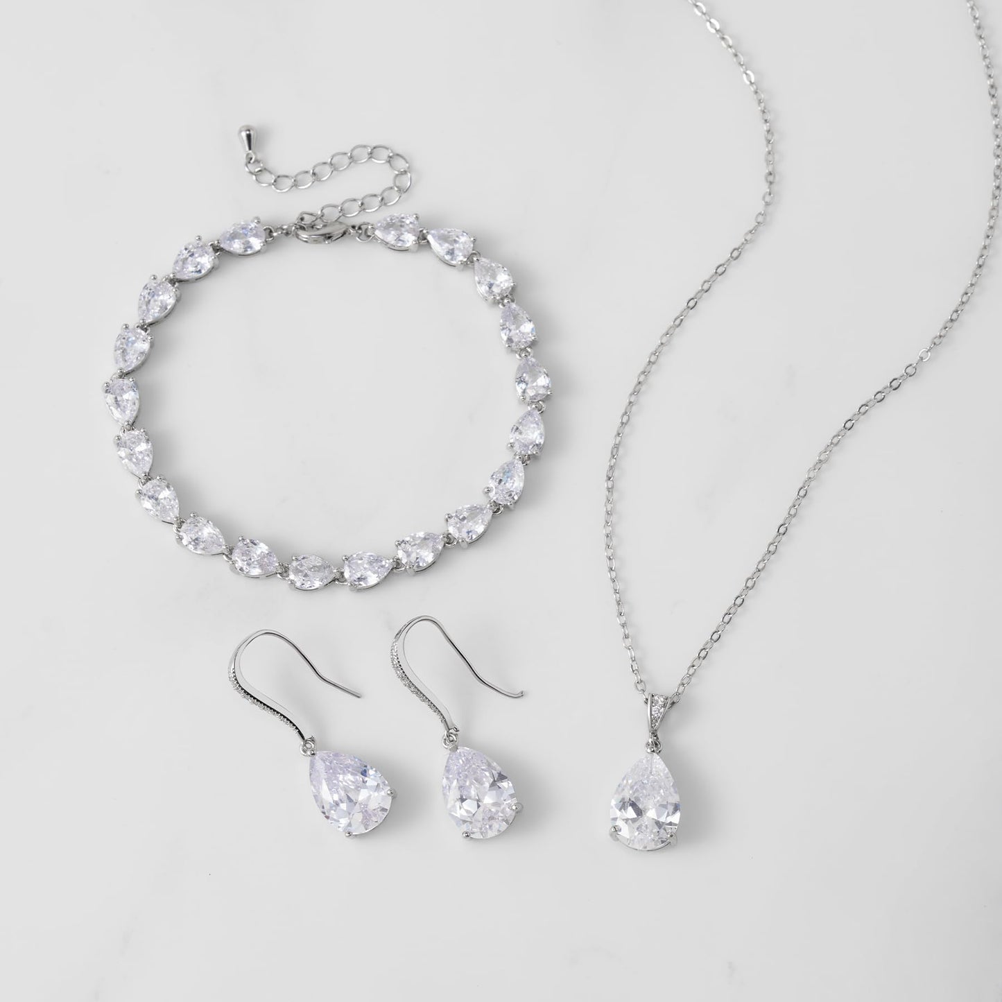 SWEETV Bridal Jewelry Set for Wedding, Cubic Zirconia Crystal Wedding Jewelry Set for Bride Bridesmaid, Crystal Teardrop Pendants Earrings Necklace Bracelet Set for Prom