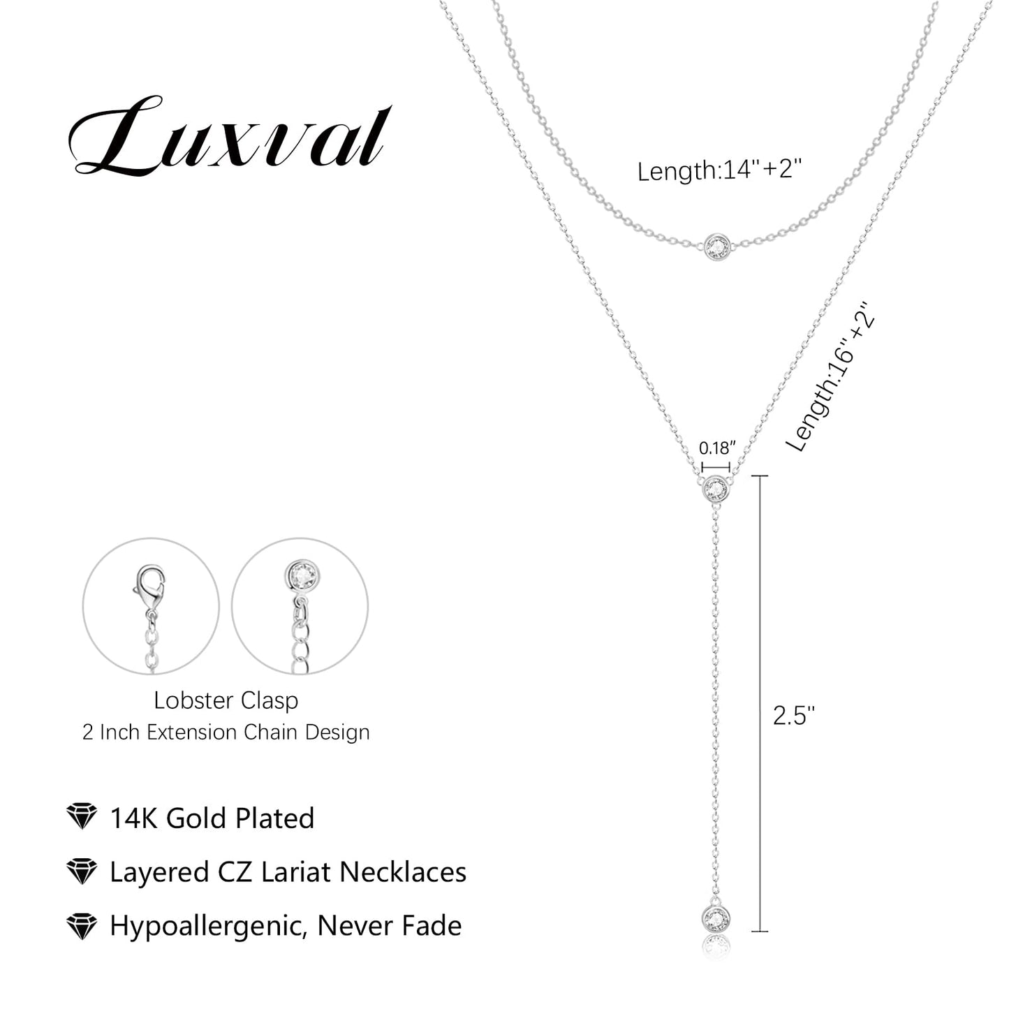 Luxval Silver Necklace for Women Dainty Long Necklaces Silver Plated Lariat CZ Pendant Drop Necklace Trendy Simple Silver Jewelry for Women