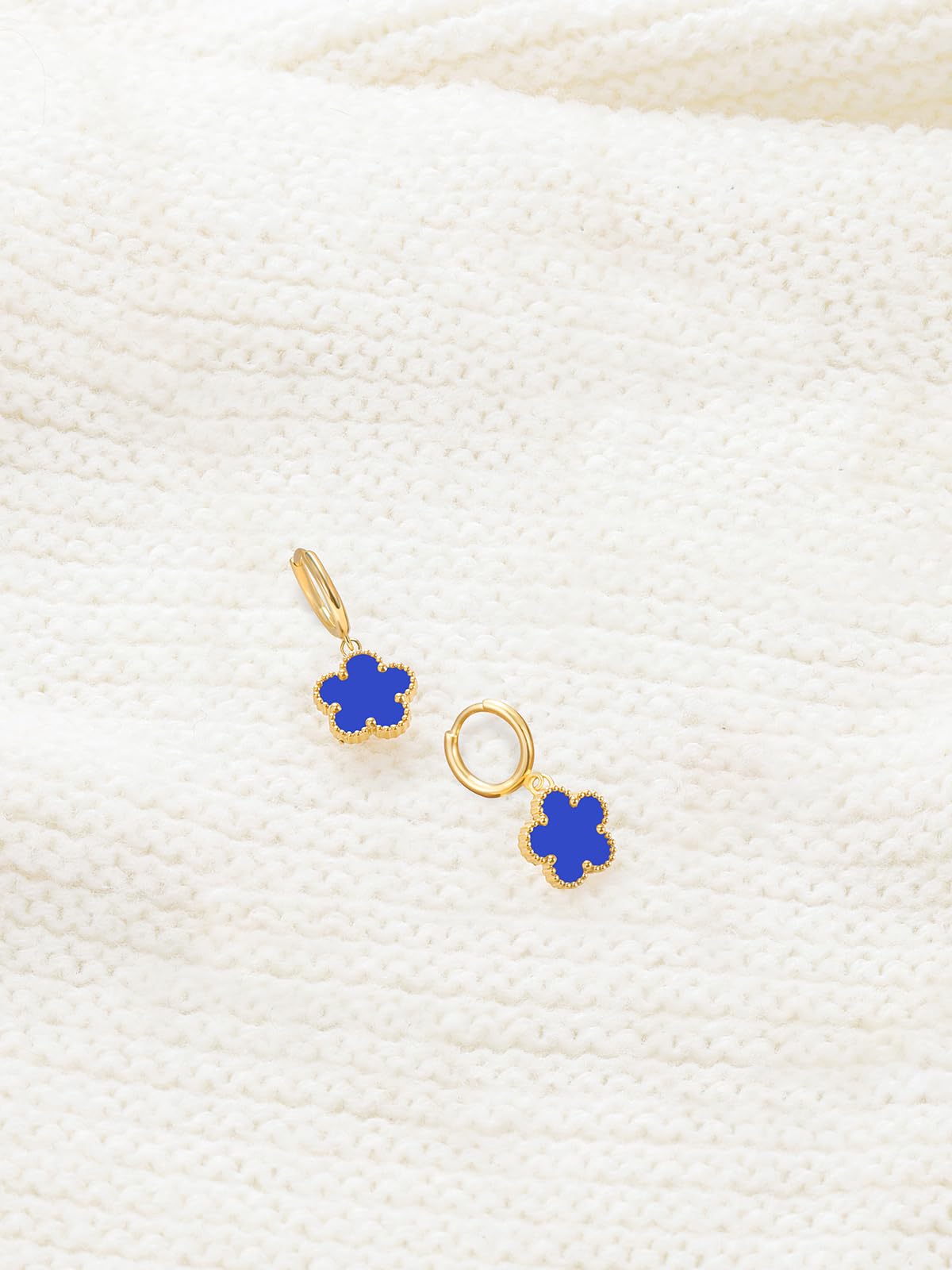 Gold Plated Five Leaf Clover Dangle Earrings for Women Lucky Flower Jewelry (Royal Blue-14K Gold Plated)