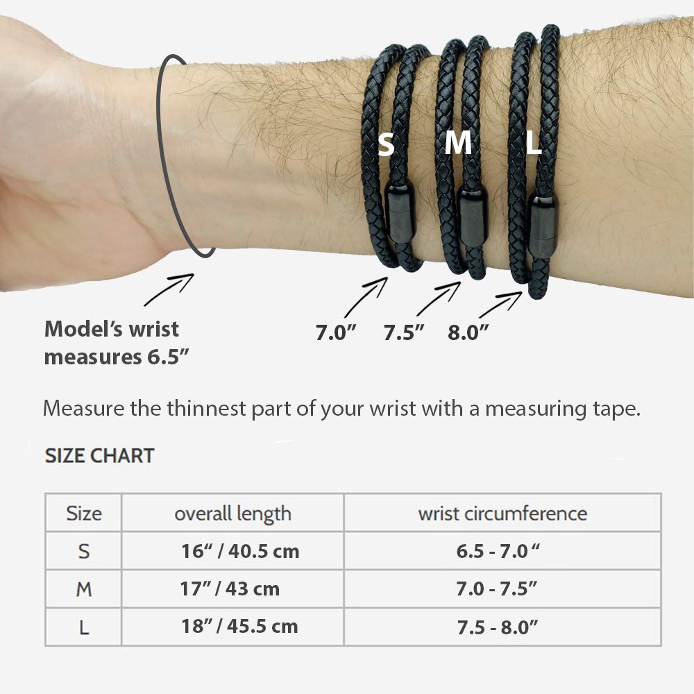Globi Leather Bracelet For Men | Genuine Wrap Braided Leather Cuff Bangle Bracelet with Magnetic Stainless Steel Clasp For Men/Women (Black 7”)