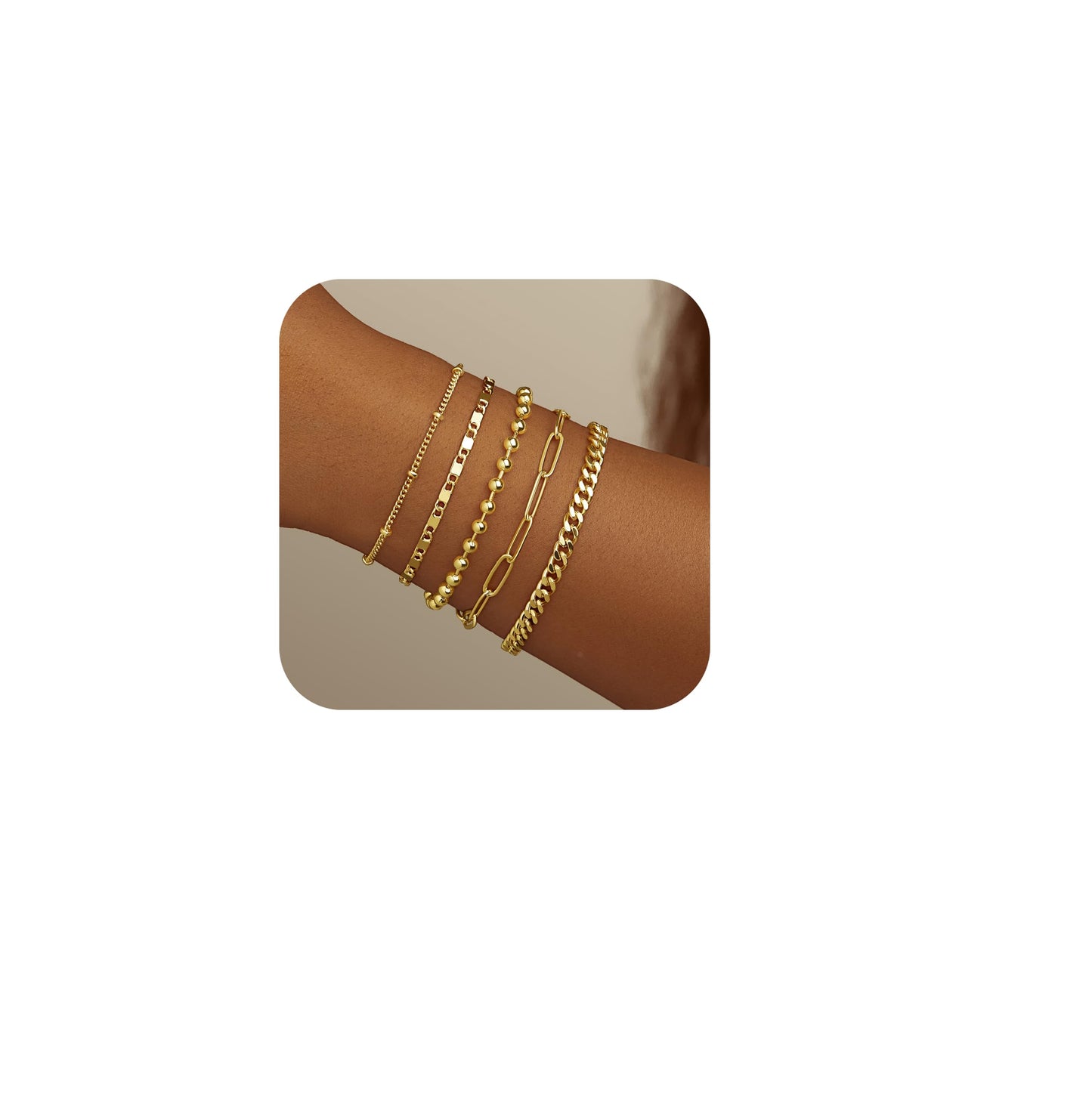 Poxtex Gold Bracelets for Women Trendy, 5pcs Dainty Stackable Bracelets for Women Waterproof, 14k Real Gold Bracelets Stack With Beaded Cuban Paperclip Satellite Mirror Chain, Gold Jewelry Set Gifts