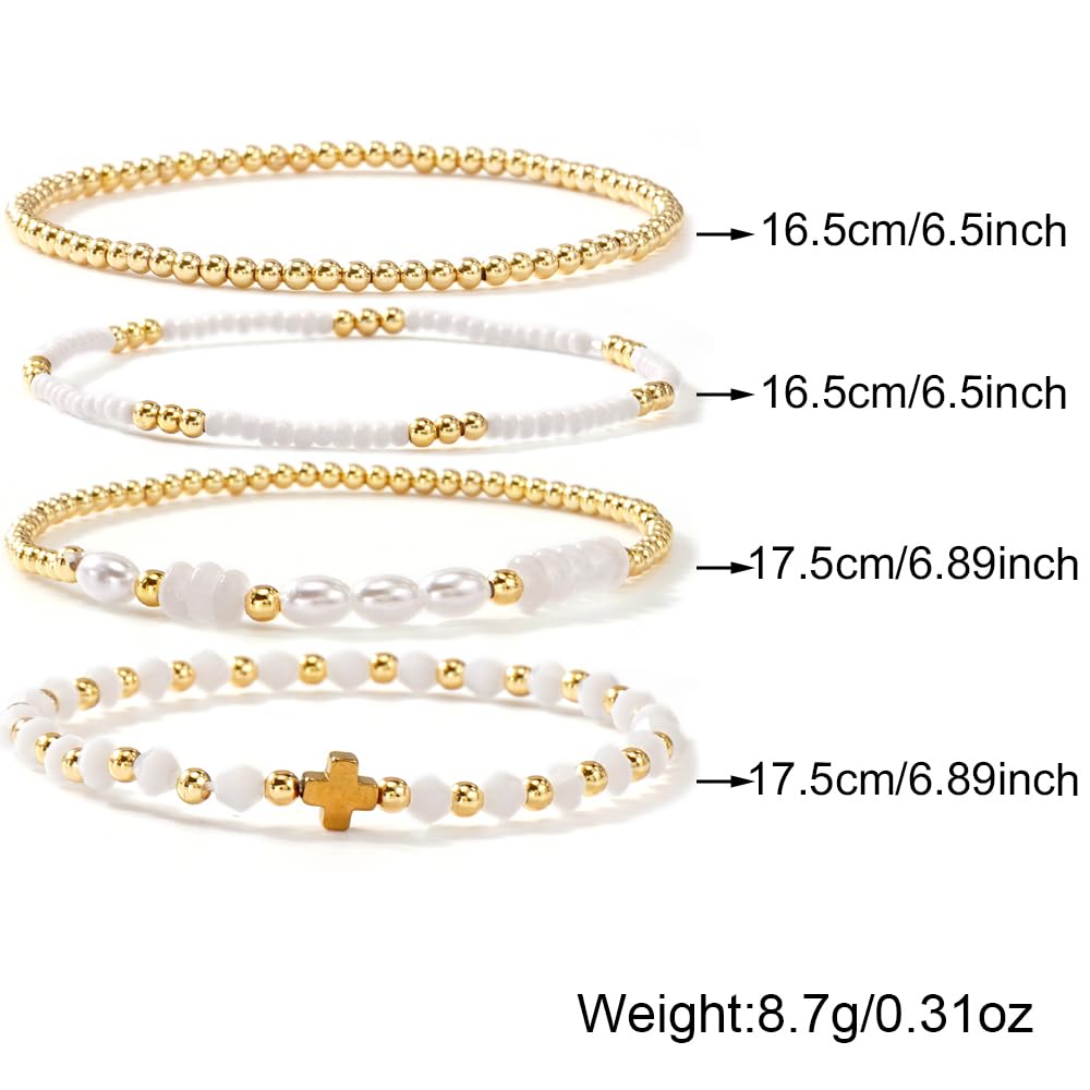 Bohxantium Gold Pearl Crystal Cross Bracelet for Women 14K Gold Plated Beads Pearl White Crystal Beaded Bracelet Stack Stretch Stackable Non Tarnish Trendy Jewelry Friendship Christian Gift for Women