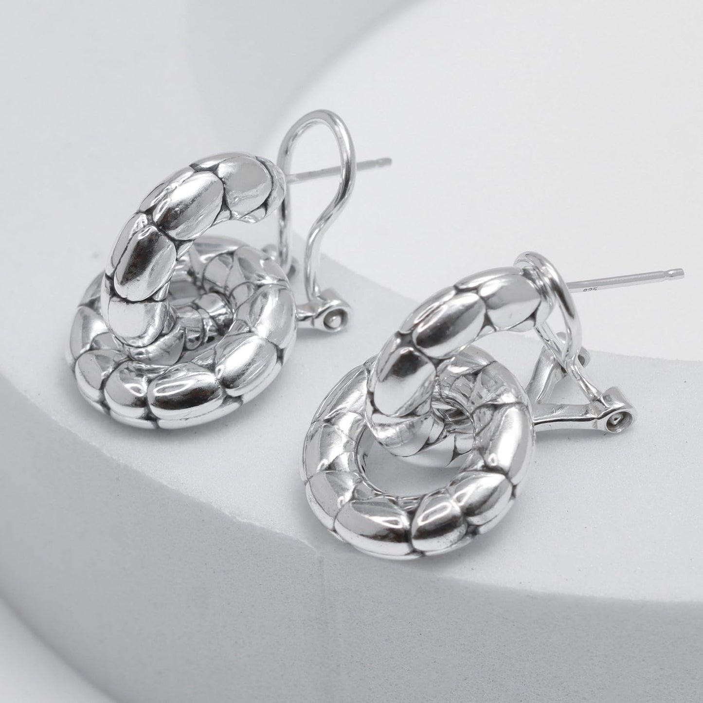 LeCalla 925 Sterling Silver Omega Back Earrings Antique Small Detachable Double Hoop Earrings Door Knocker Earring with Omega Clip-On Closure for Women 25 MM