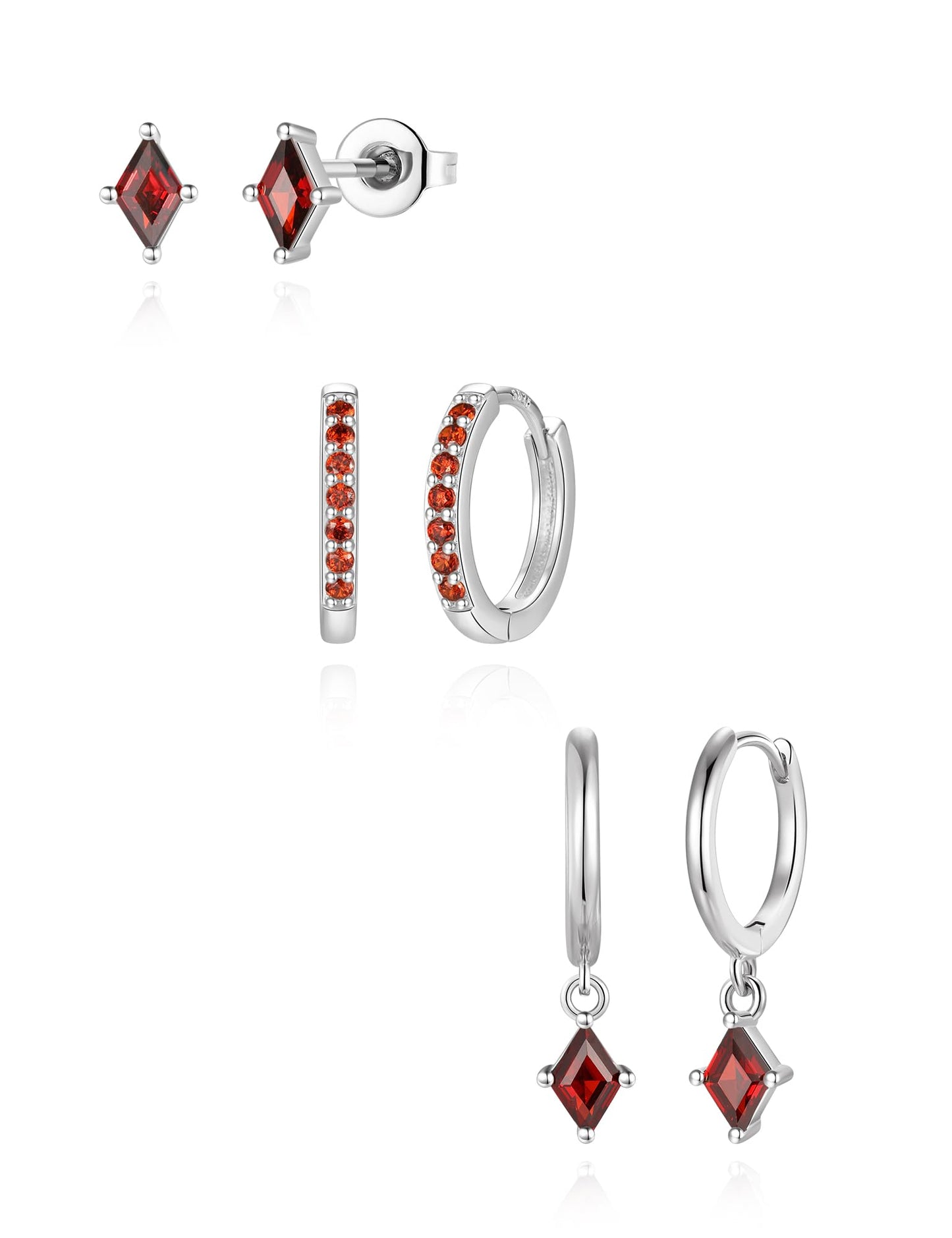 Angelady 3 Pairs Sterling Silver Hoop Earrings Set for Women, Hypoallergenic Red Silver Earrings, Dainty Huggie Hoops Ruby Earring Cartilage Stud Earring Stacks Trendy Red Jewelry Gifts