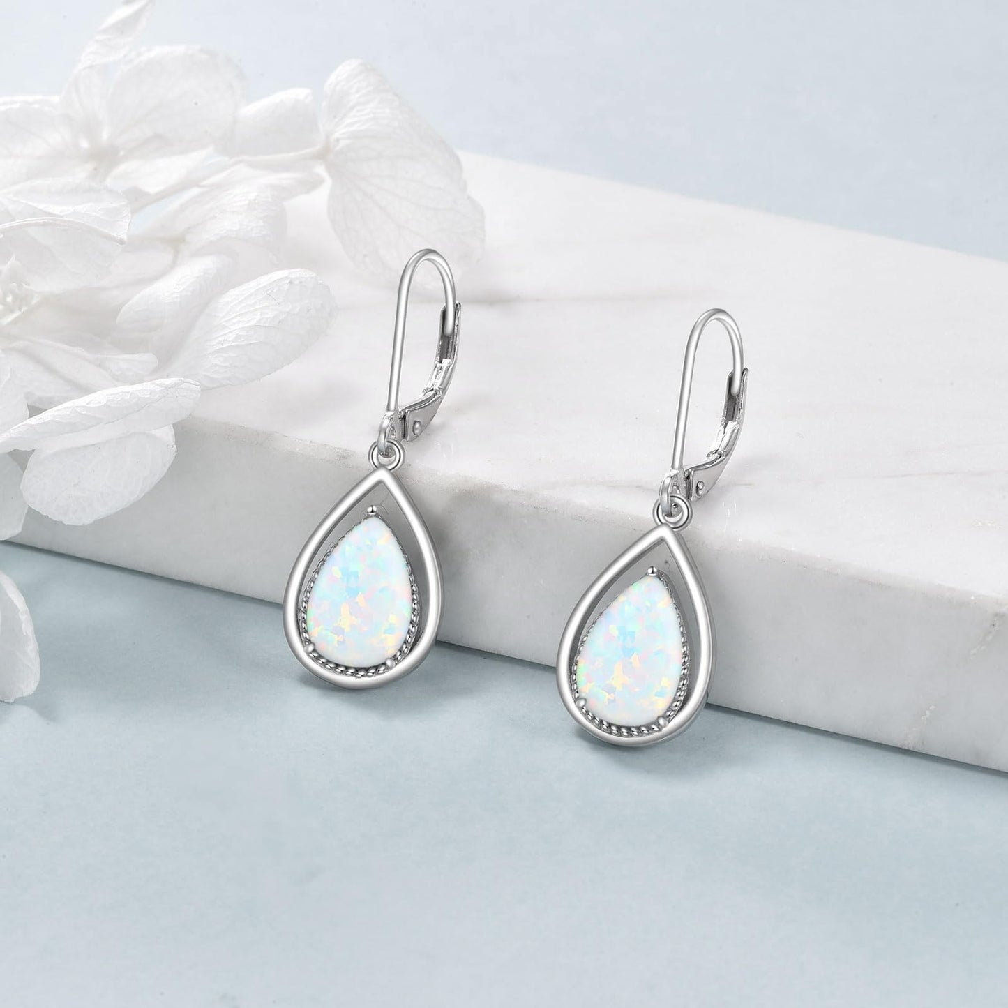 VONALA Opal Earrings 925 Sterling Silver Opal Leverback Earrings Teardrop Dangle Dangling Earrings Jewelry Gift for Women