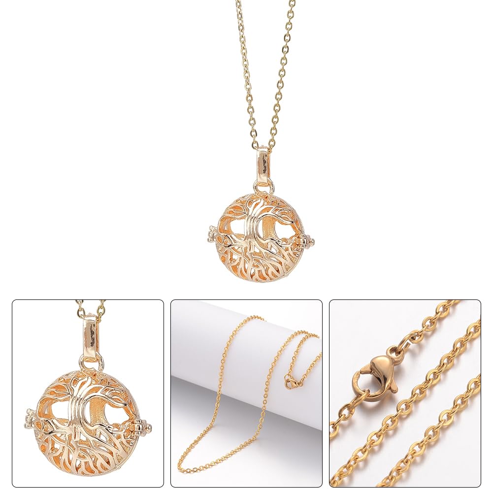 SUNNYCLUE 1 Box 5Pcs Aromatherapy Necklaces Diffuser Necklace with 20Pcs Pom Pom Ball Tree of Life Angel Essential Oil Diffuser Jewelry 304 Stainless Steel Hollow Bead Cage Pendants for Women Gifts
