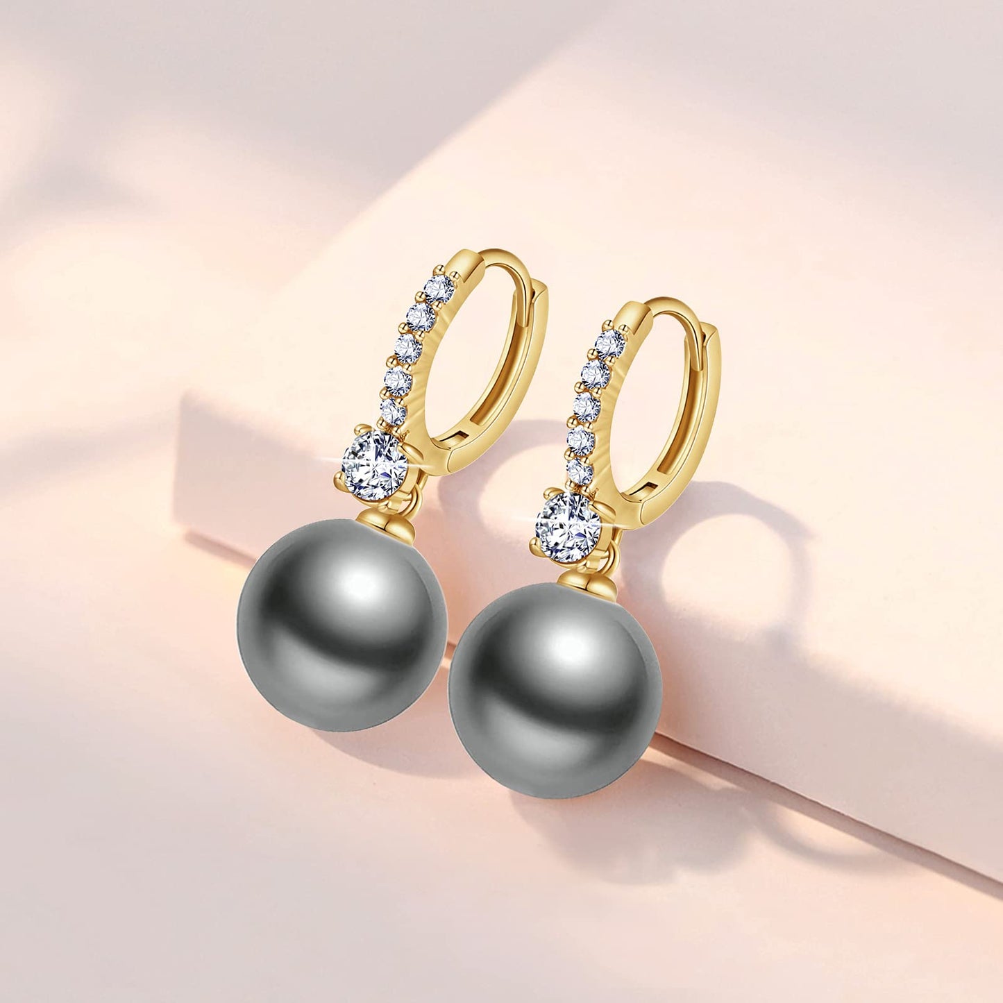 Pearl Earrings for Women 14K Gold Plated Hypoallergenic Pearl Earrings 5A Cubic Zirconia Dangle Earrings Elegant Jewelry (2-Gold-black)