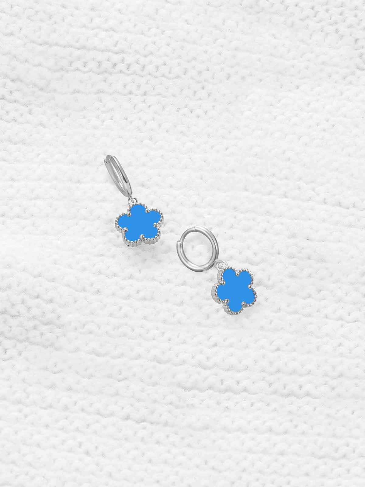 Gold Plated Five Leaf Clover Dangle Earrings for Women Lucky Flower Jewelry (Blue-White Gold Plated)
