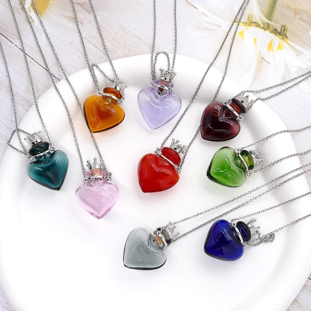 Glaze Glass Heart-Shaped Refillable Essential Oil Necklace Pendant - Aromatherapy Perfume Diffuser Pendant with Stainless Steel Chain (Green)