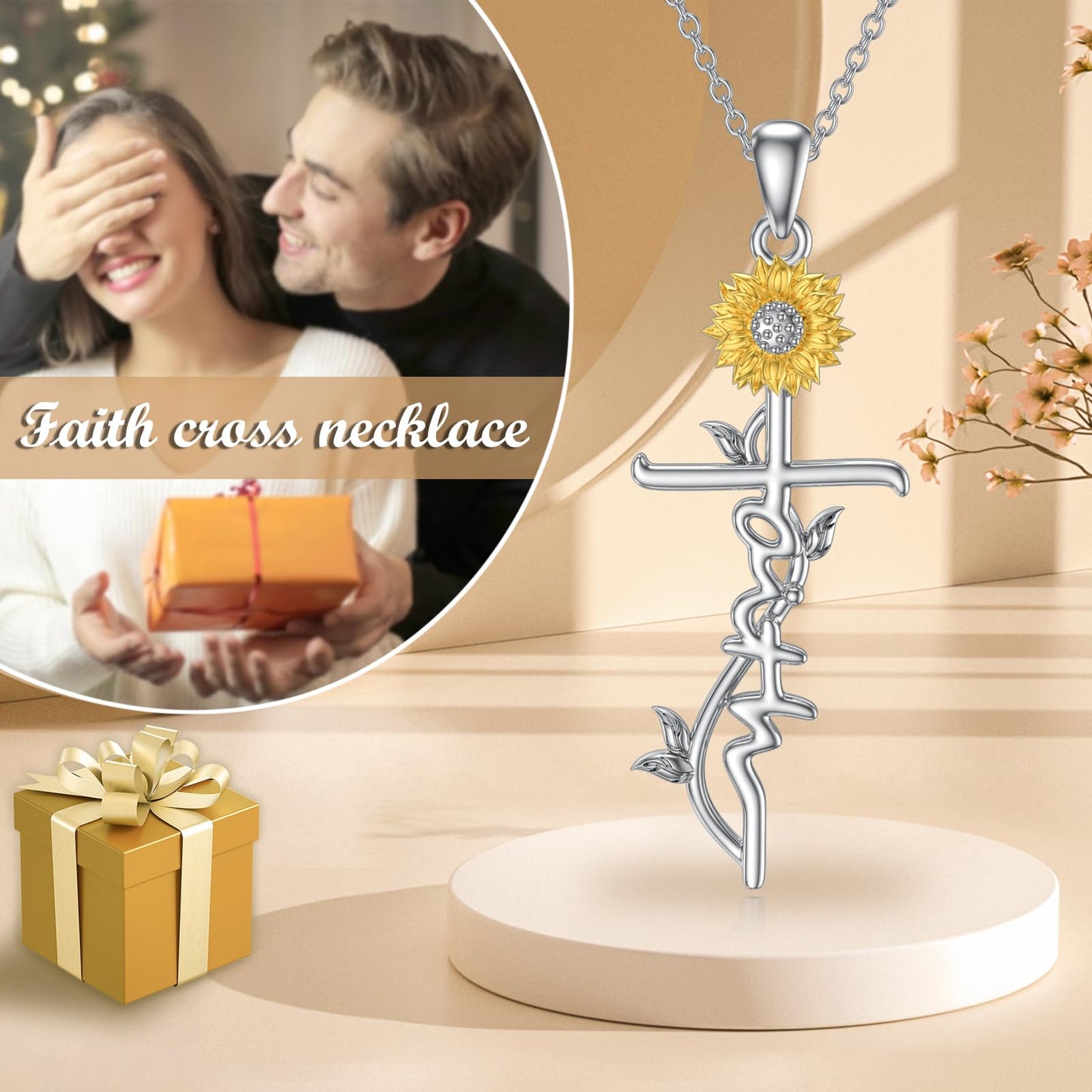 SEDITAO Cross Necklace 925 Sterling Silver Faith Hope Cross Pendant Necklace Sunflower Jewelry Gifts for Women