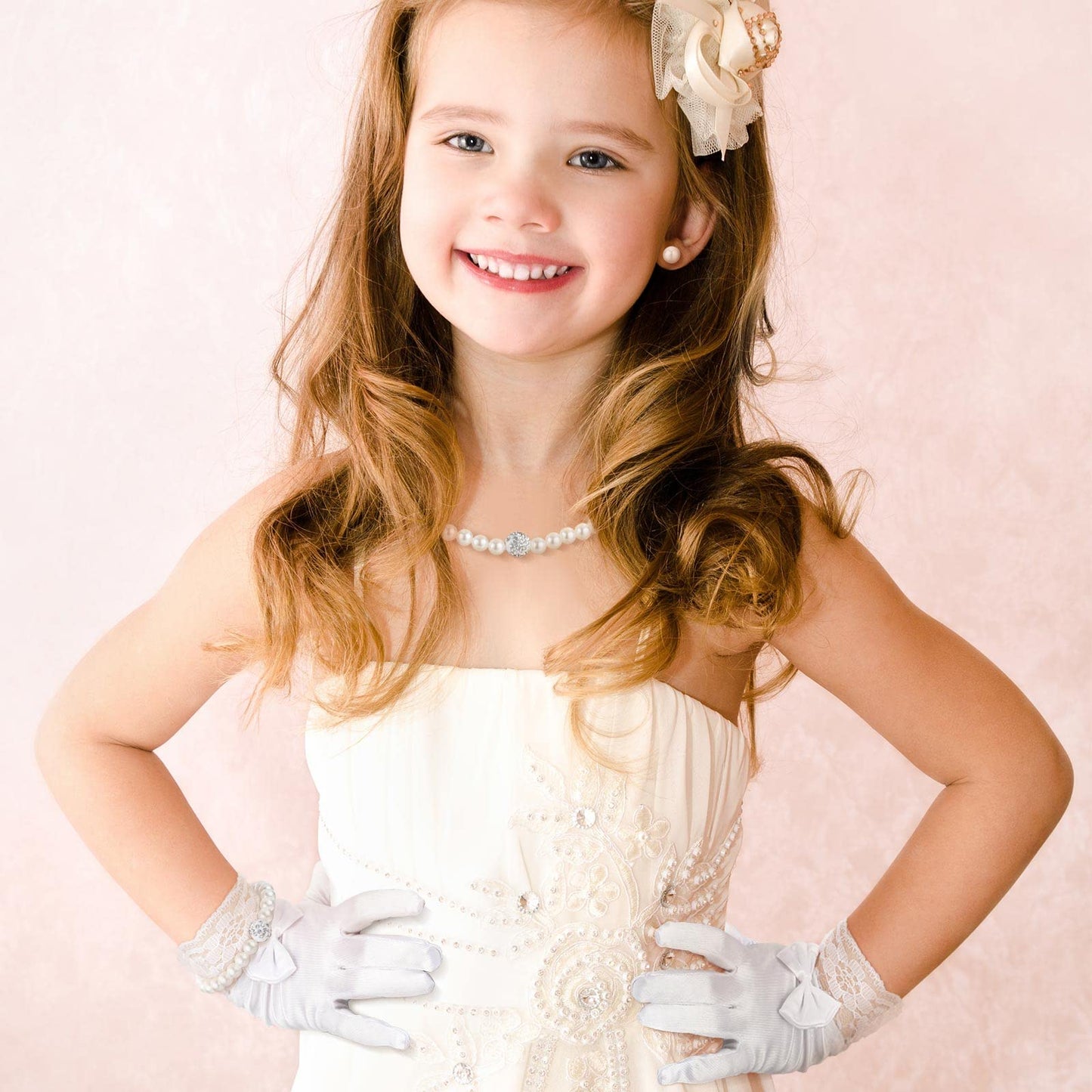 Geyoga 4 Pcs Pearl Necklace Set for Little Girls Toddler Girls Jewelry Communion Gloves for Kids Christmas Tea Party Wedding(Elegant Style,8-12 Years)