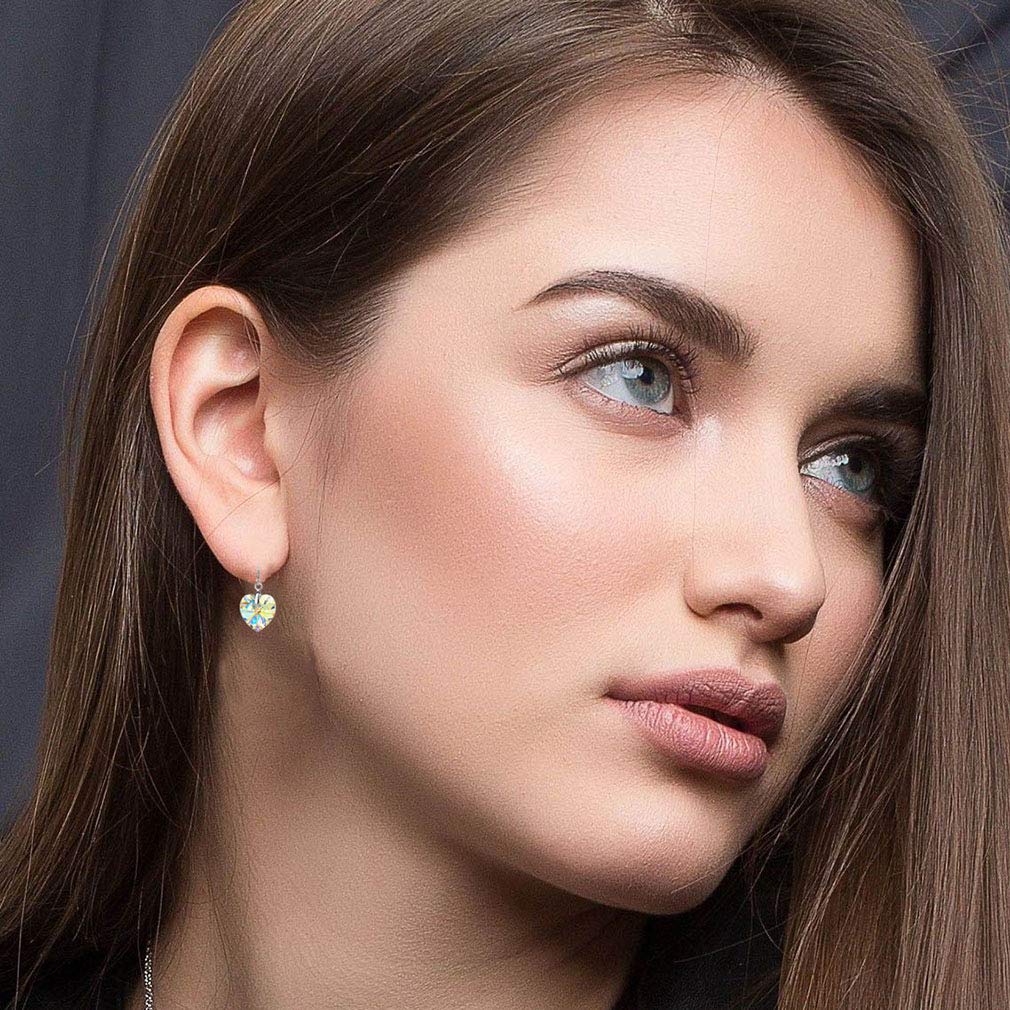 Austrian Crystal Heart Drop Dangle Earrings for Women 925 Sterling Silver Hook Hypoallergenic Earring (Aurora Borealis)