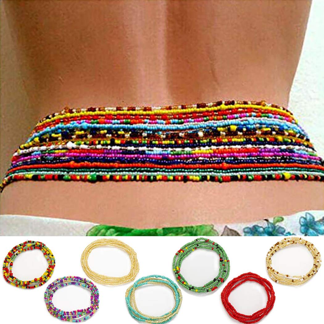 ELABEST Plus Size African Waist Beads Chain Layered Belly Body Chain Beach 7Pack Waist Jewelry Body Accessories for Women and Girls (47inch/120cm)