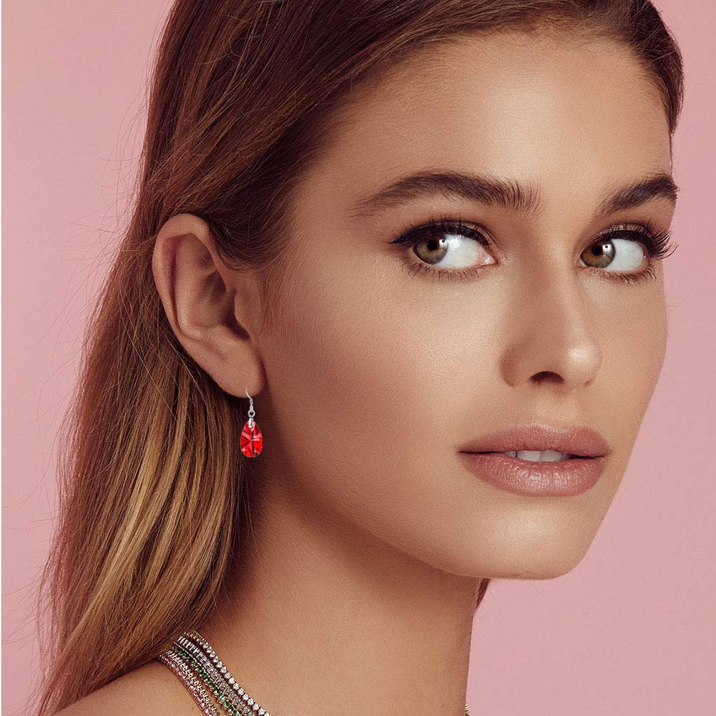 Teardrop Austrian Crystal Drop Dangle Earrings for Women 925 Sterling Silver Hook Hypoallergenic Earring (Red)