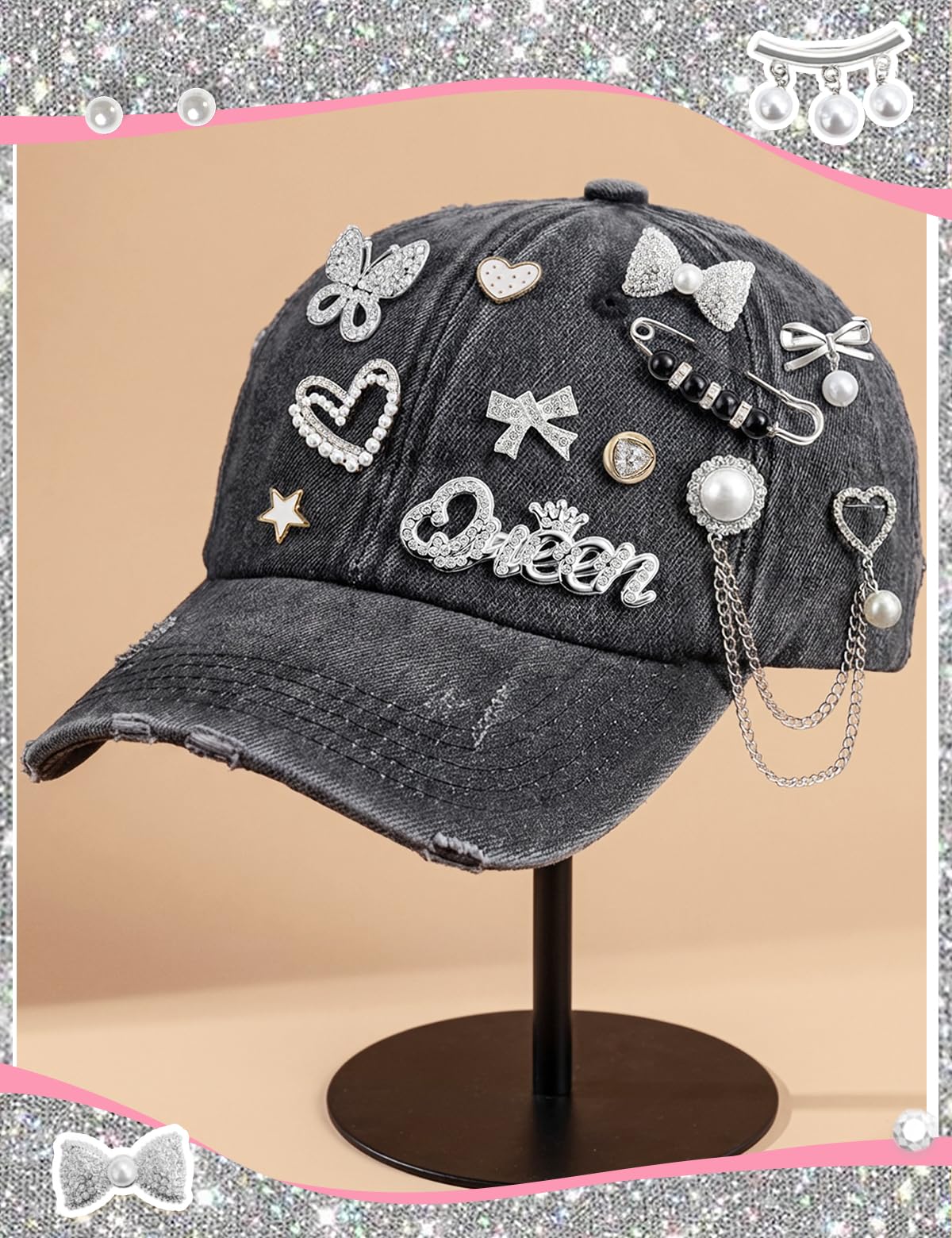 RQAYE Silver Shoe Charms for Sneakers, Junk Socks Charms Kit, Brooches and Pins for Women, Pearl and Rhinestone Sock Charm with Safety Pins,DIY Accessories for Decorating and Personalizing Socks