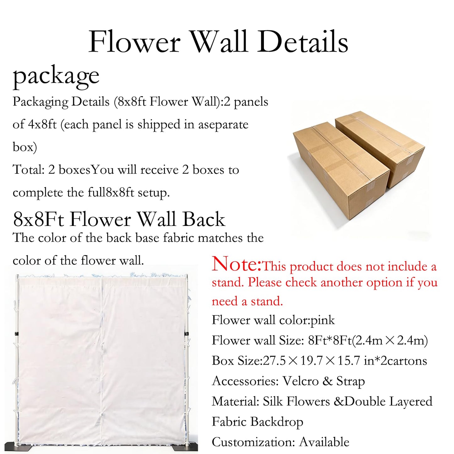 5D Artificial Silk Rose Flower Wall Backdrop, Pink and White Floral Wall, 8×8 Ft, Easy to Install and Store, Reusable, Perfect for Weddings, Birthday Parties, Garden and Home Decor, Without Stand