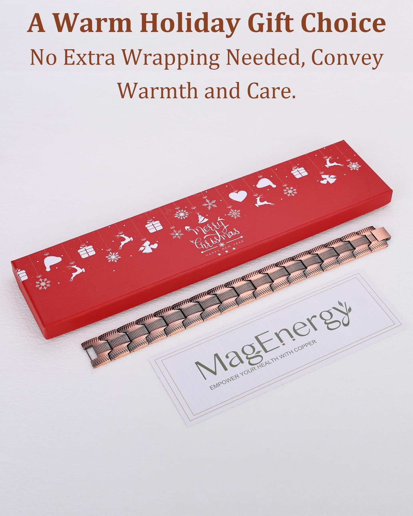 MagEnergy Copper Bracelet for Men, 3-Row Magnet Design, Ultra Strength Magnetic Bracelet 99.99% Pure Copper Wristband Adjustable Jewelry Gift with Sizing Tool(Copper Tire Graphics-Xmas)
