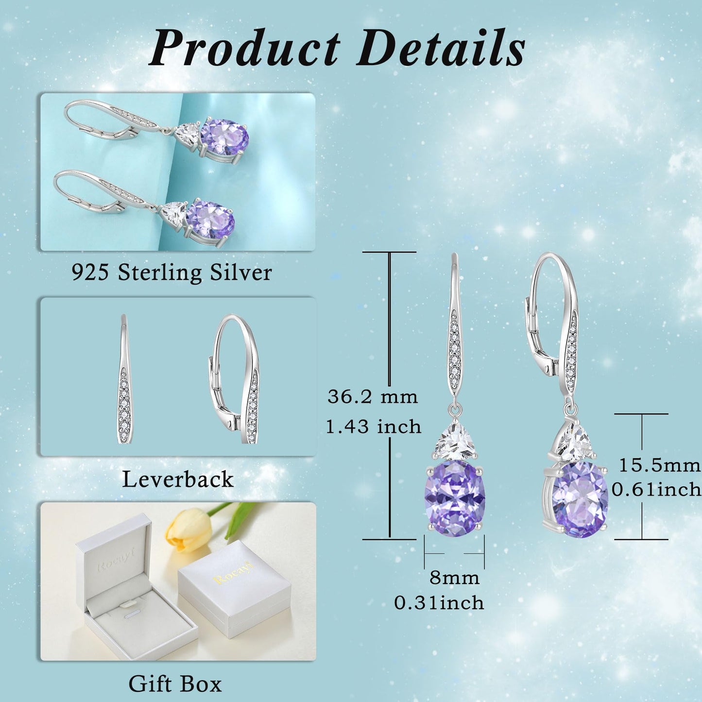 Rocayi Oval Alexandrite Earrings for Women 925 Sterling Silver Dangle Drop Leverback Earrings June Birthstone Jewelry for Her