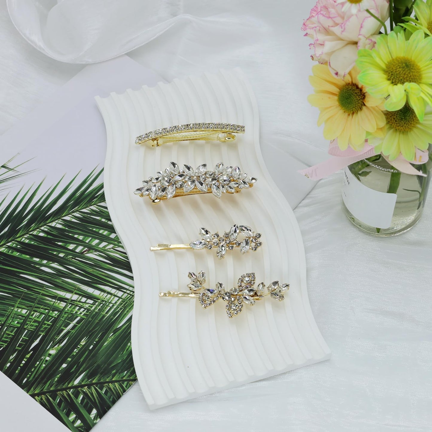 4 Pieces Rhinestone Hair Clips Gold Leaf Wedding Hair Pins Crystal Bobby Pins Gold Bridal Hairpin Barrette for Brides Bridesmaids Flower Girls