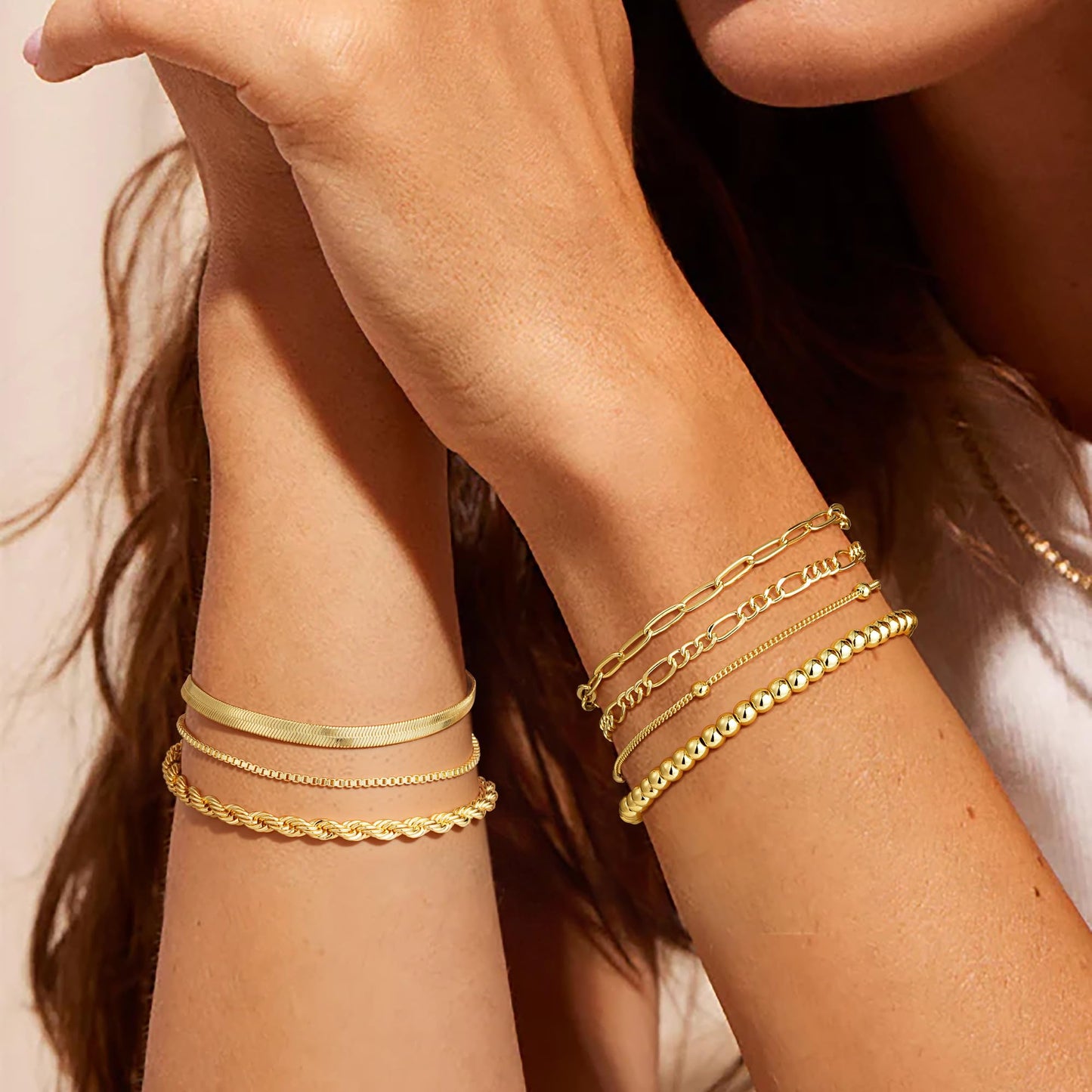 M MOOHAM Gold Bracelets for Women - Dainty 14K Gold Plated Beaded Bracelet Stack Paperclip Snake Rope Figaro Box Satellite Chain Bracelets for Women Non Tarnish, Jewelry Gifts for Women Her