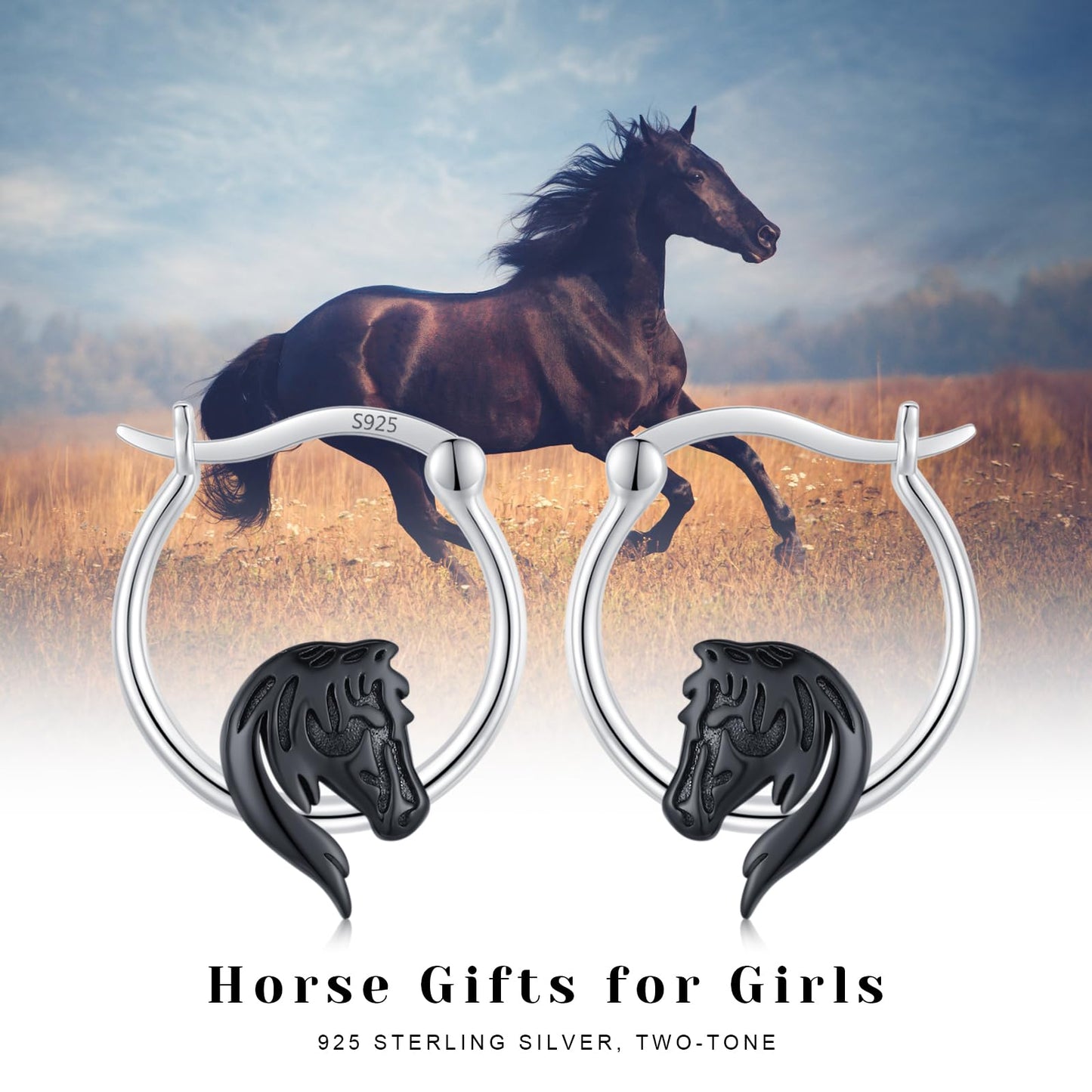 JUSTKIDSTOY Horse Earrings for Women 925 Sterling Silver Black Horse Hoop Earrings Jewelry Christmas Graduation Gifts for Daughter Her Girlfriend
