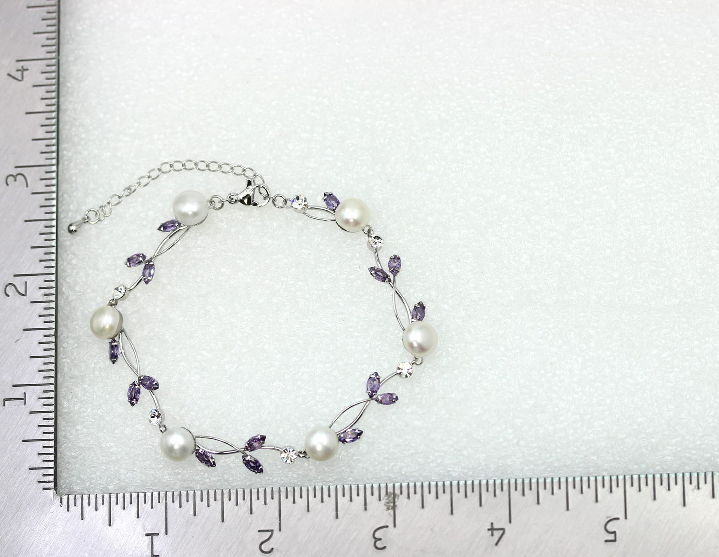 Faship Purple CZ Crystal Genuine Freshwater Pearls Floral Bracelet 7.5" - 9.5" - Purple/Matching Bracelet