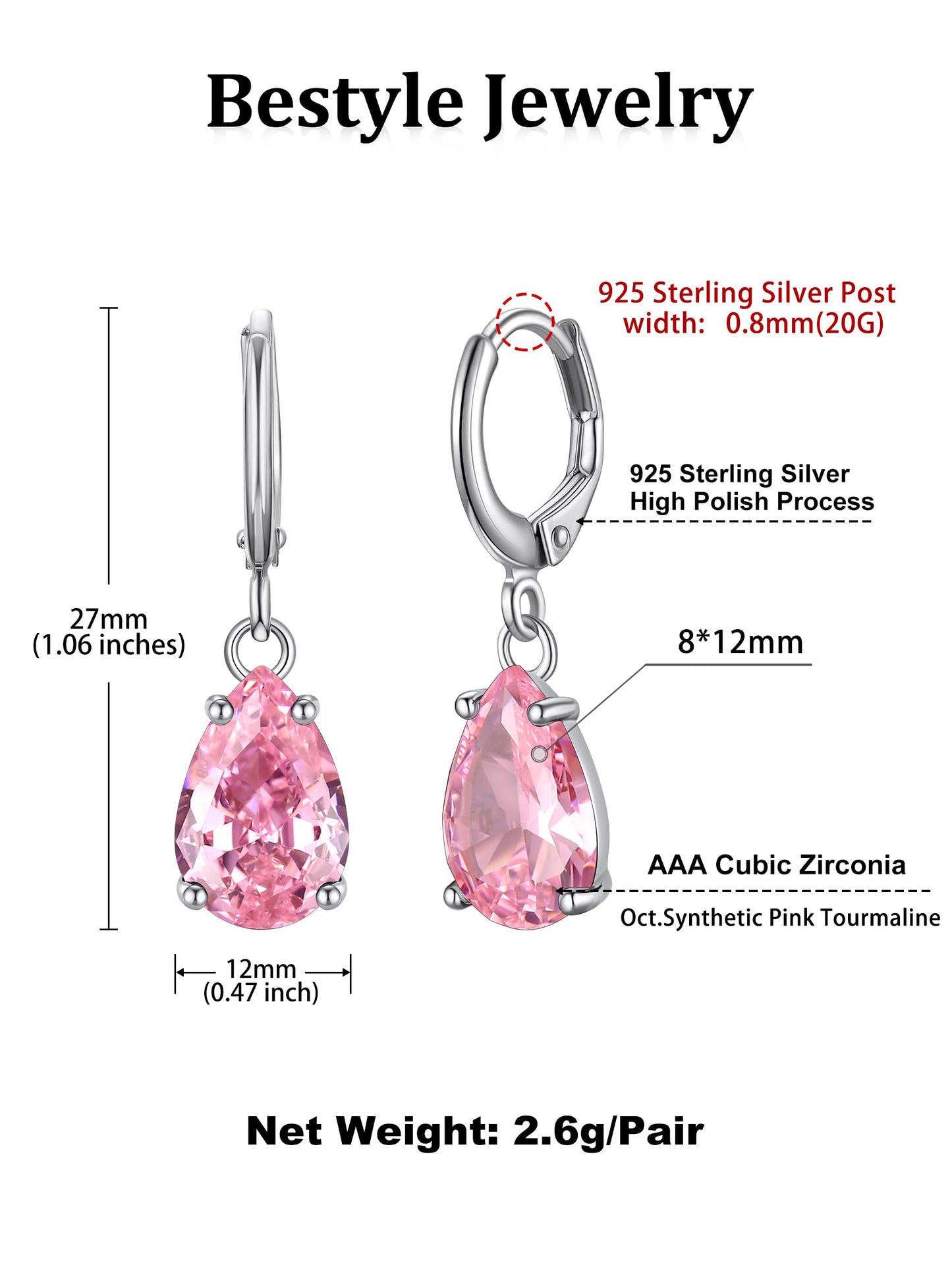 Bestyle Silver Pink Tourmaline Drop Earrings | Hypoallergenic Silver Huggie Hoop Leverback Earrings | Small Sparkle Teardrop October Birthstone Dangle Earrings For Women