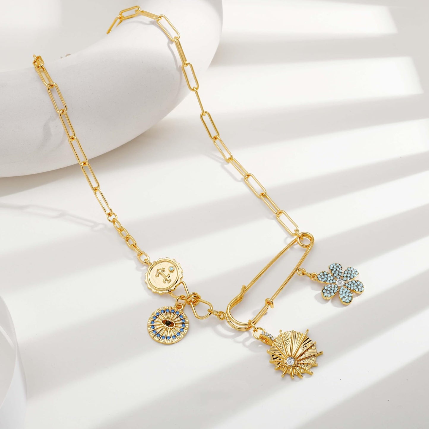 MISS RIGHT Charm Necklace for Women Dainty Gold Evil Eye Safety Pin Necklace, Good Luck Sun Coin Charms Pendant Paperclip Chain Necklace Amulet Jewelry Gift Blue Flower