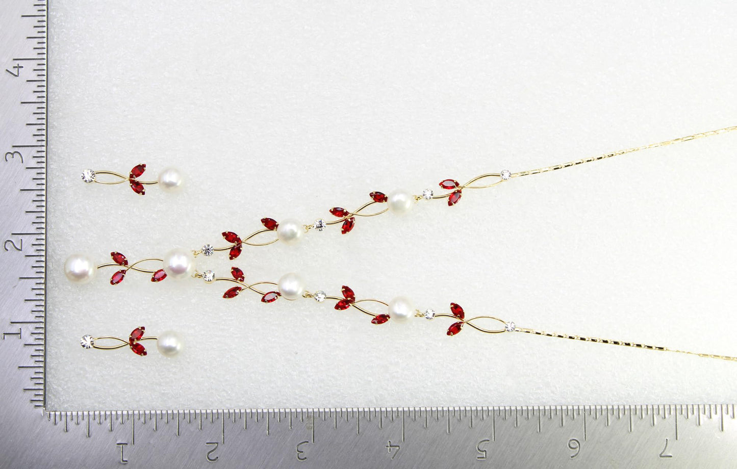 Faship Red CZ Crystal Genuine Freshwater Pearls Floral Necklace Earrings Set - Red/Gold Plated