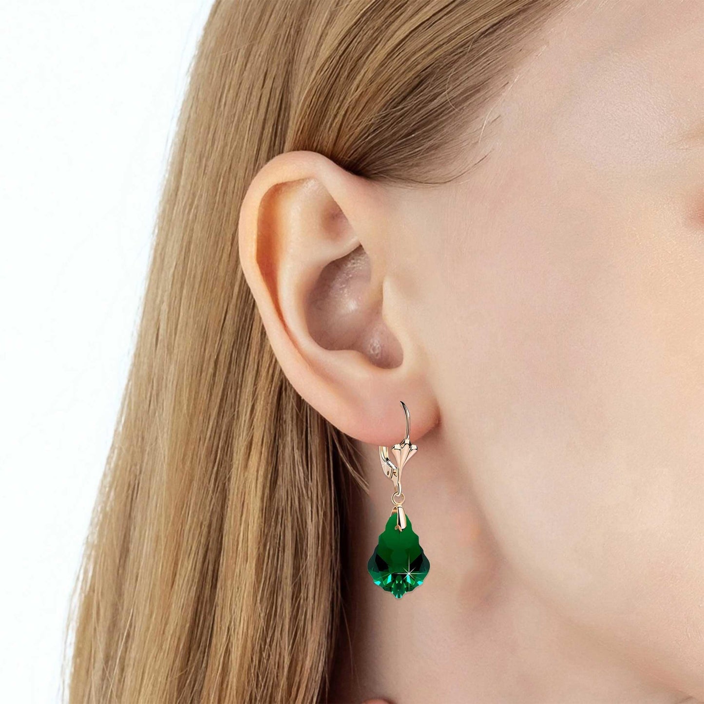 Austrian Crystal Baroque Drop Leverback Earrings for Women Fashion 14K Gold Plated Hypoallergenic Jewelry (Emerald)