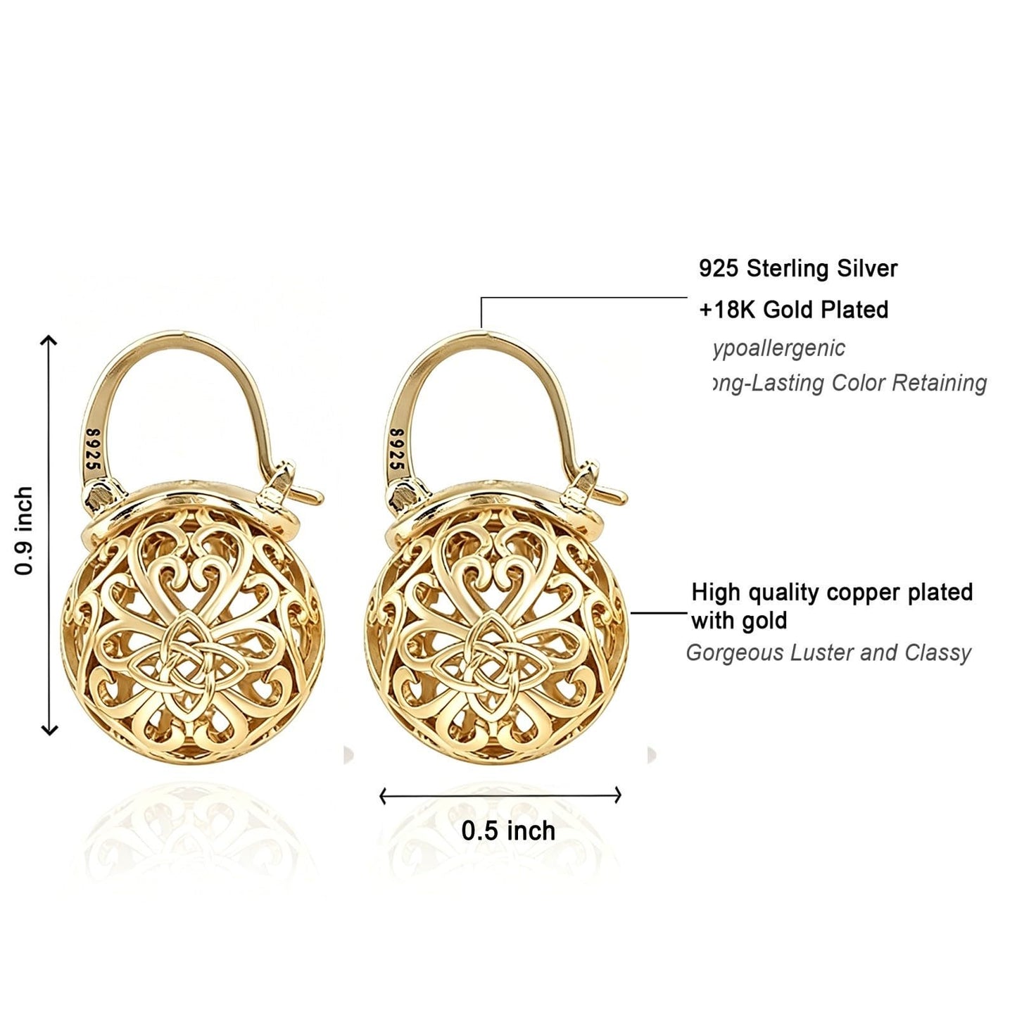 OwMell Elegant 925 Sterling Silver Pearl Drop Earrings Dangle Stud Silver Plated Earrings for Women Large Size 12mm - Celtic Knot Gold