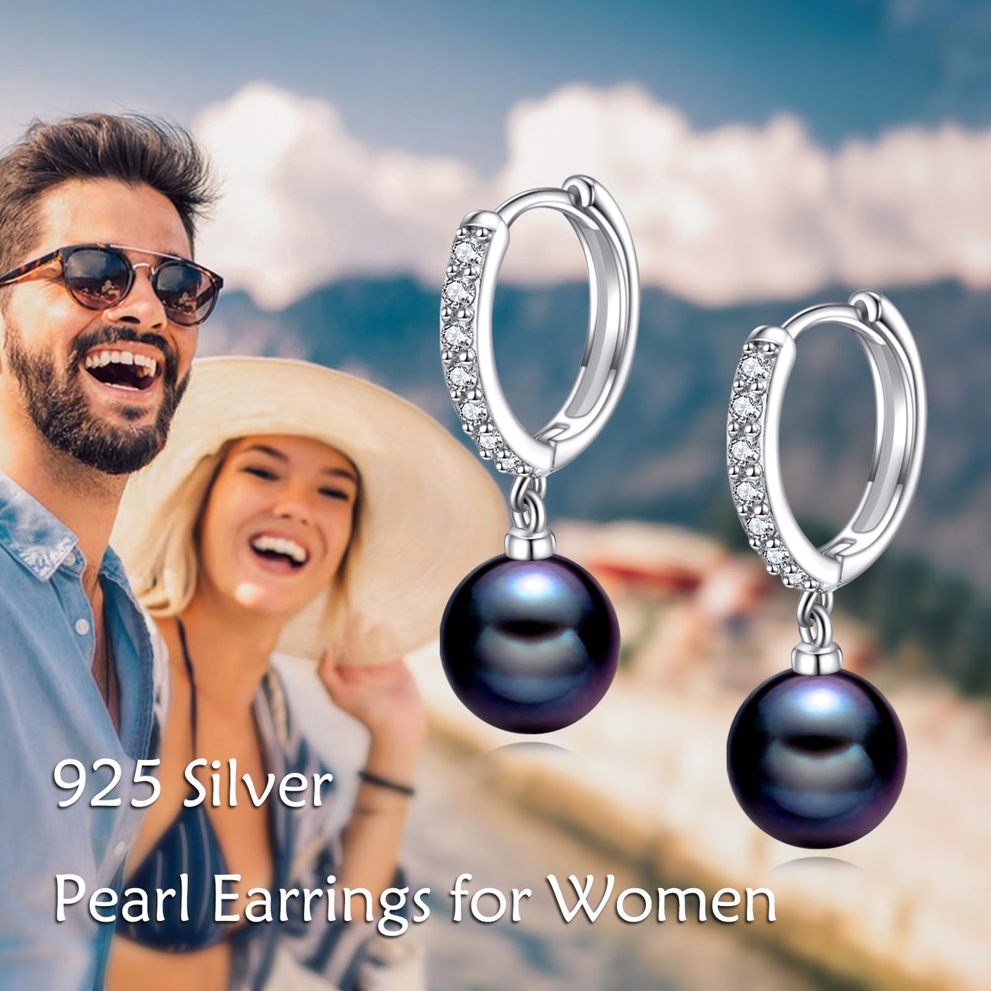925 Sterling Silver Black Pearl Hoop Earrings Dangle Drop Jewelry Gifts for Women (Black Pearl-CZ)