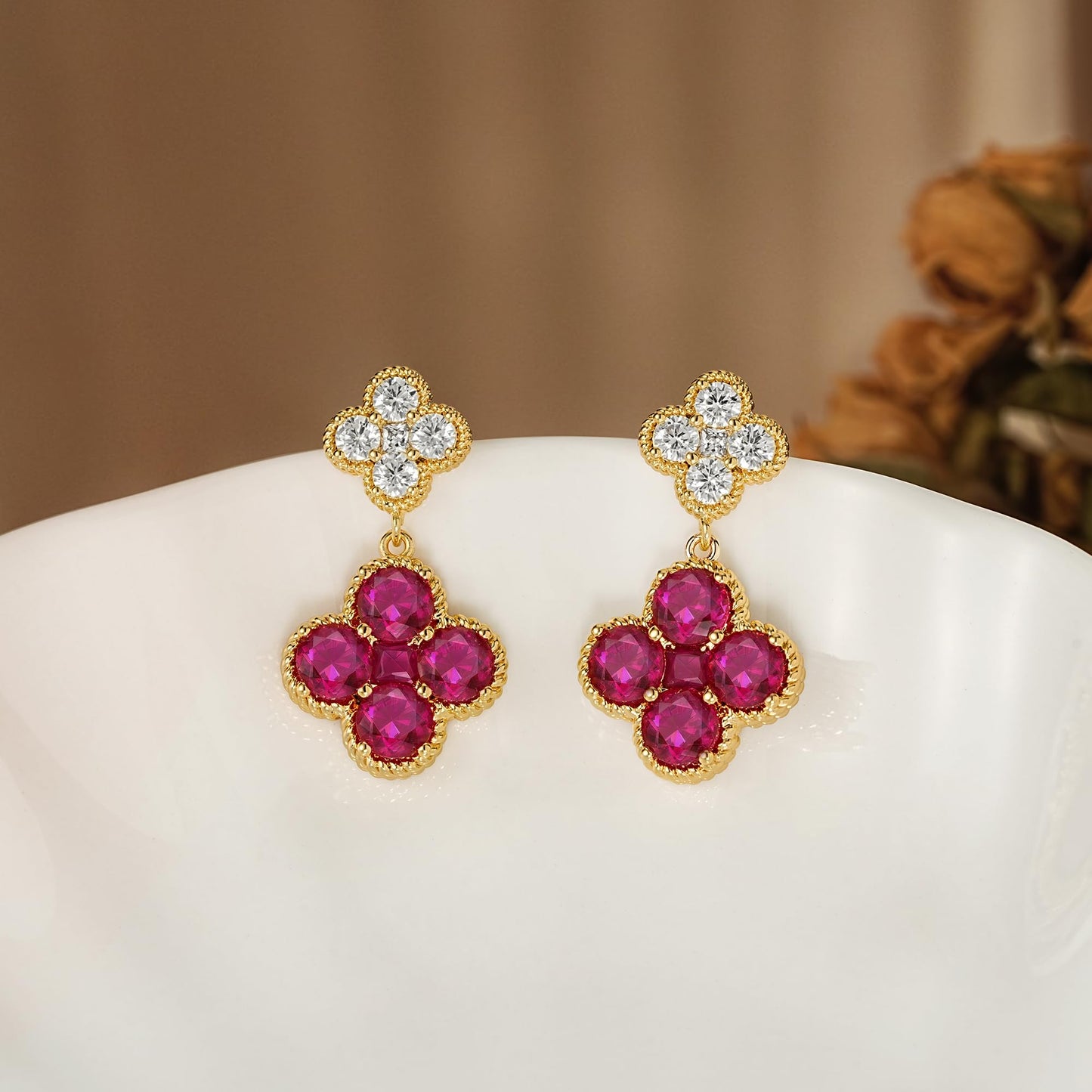 MTMY Dangle Earrings for Women 14K Gold Plated Four Leaf Clover Dangling Drop Birthstone Stud Earrings Trendy Flower Birthstone Jewelry Birthday Gifts(July)