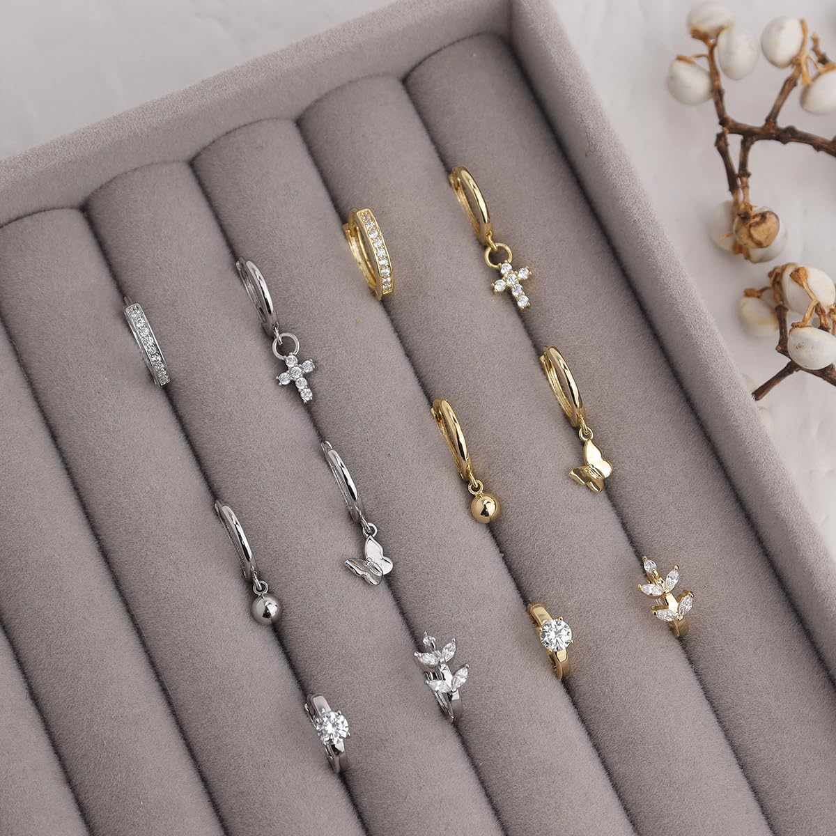 Frigotine 3PCS Gold Ball Cross Butterfly Dangle Small Hoop Earrings Stack Set for Woman, Dainty Rhinestone CZ Drop Multiple Piercing Cartilage Huggie Earing Wedding Prom Fashion Jewelry Gifts