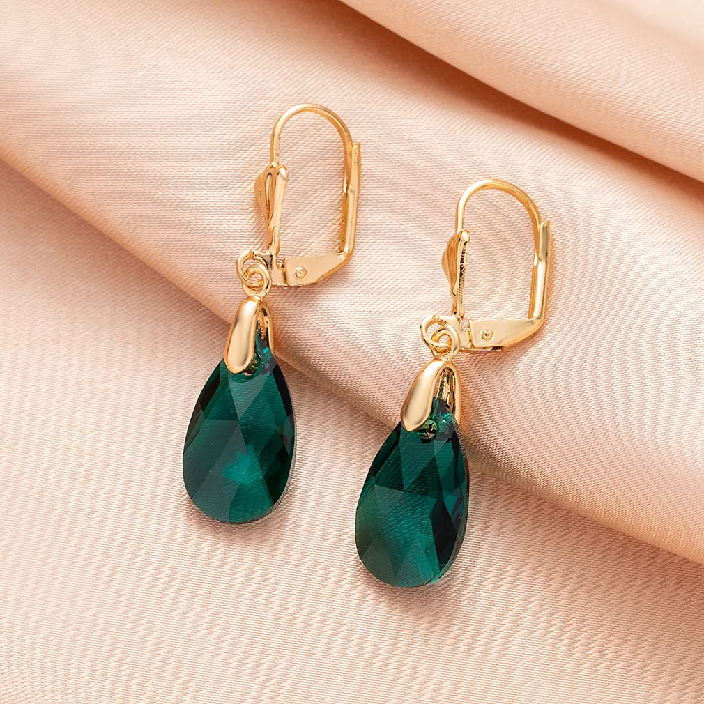 Austrian Crystal Teardrop Leverback Dangle Earrings for Women Fashion 14K Gold Plated Hypoallergenic Jewelry (Emerald)