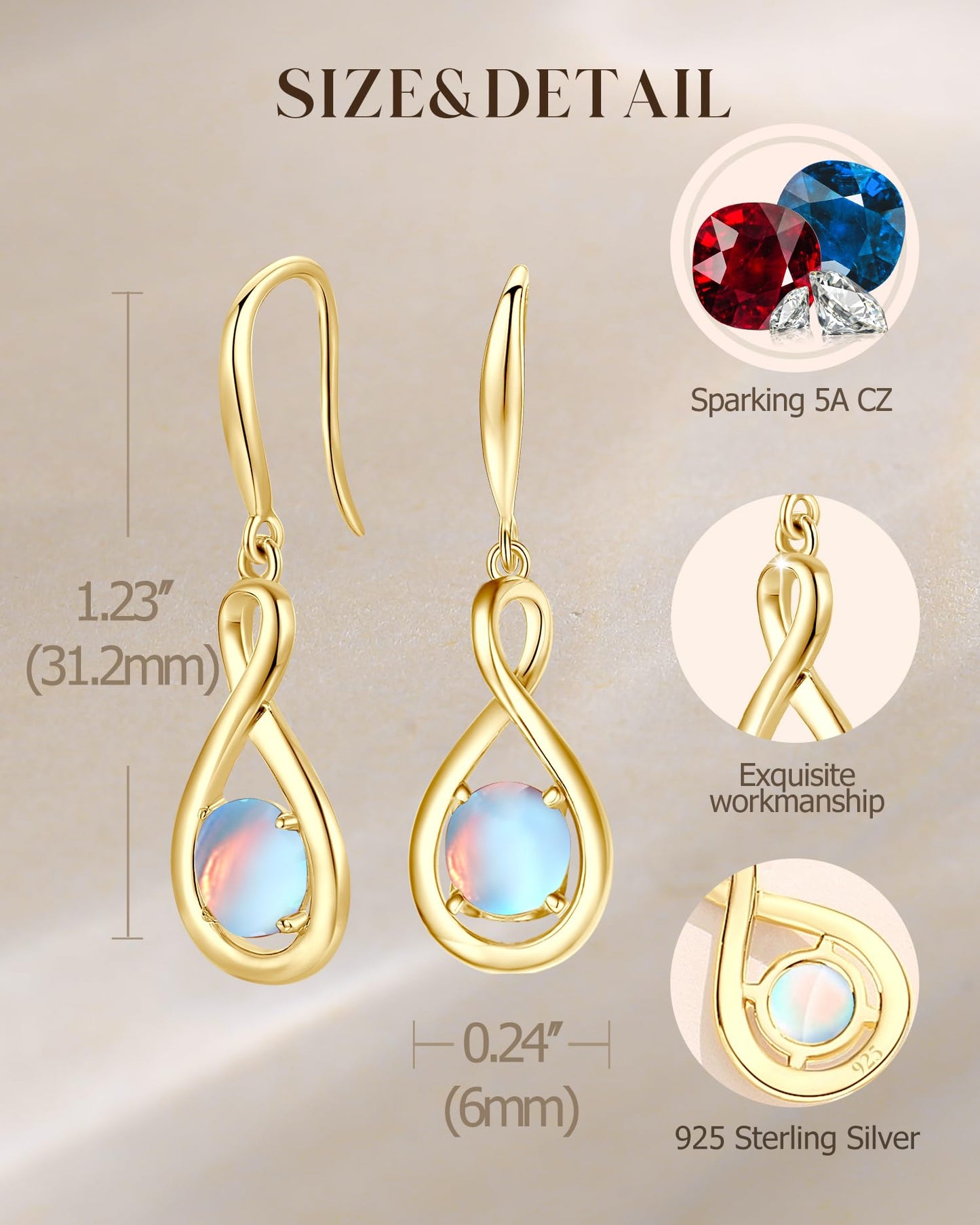 FANCIME Moonstone Dangle Drop Earrings 925 Sterling Silver Yellow Gold Plated Dainty Infinity Created Gemstone June Birthstone Earring Fine Jewelry Birthday Mothers Day Gifts for Women Her