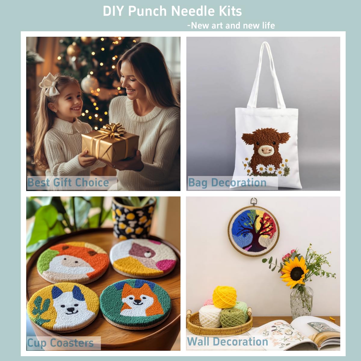 DIY Punch Needle Kits Hedgehog Flowers Easy for Beginners Embroidery Starter Set with Hoop Stress Relief Craft Hobby and Home Decor 20x20cm