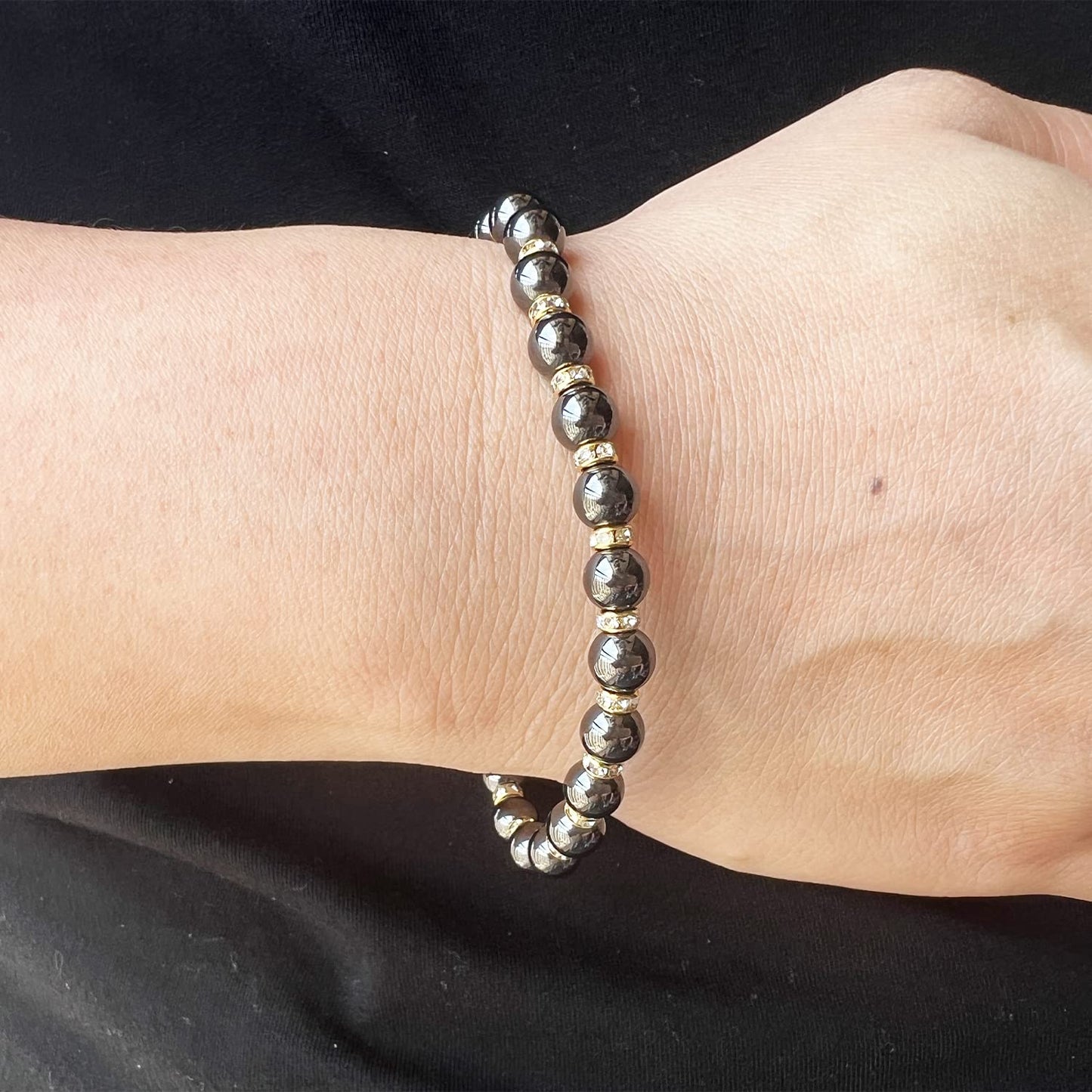 Apocalyptic-K Women's Magnetic Bracelet,Hematite Bracelets,Magnetic Bracelets With Zirconia,Handmade Stretch Bracelet,Eliminates static electricity. (Gold Zirconia,6MM)