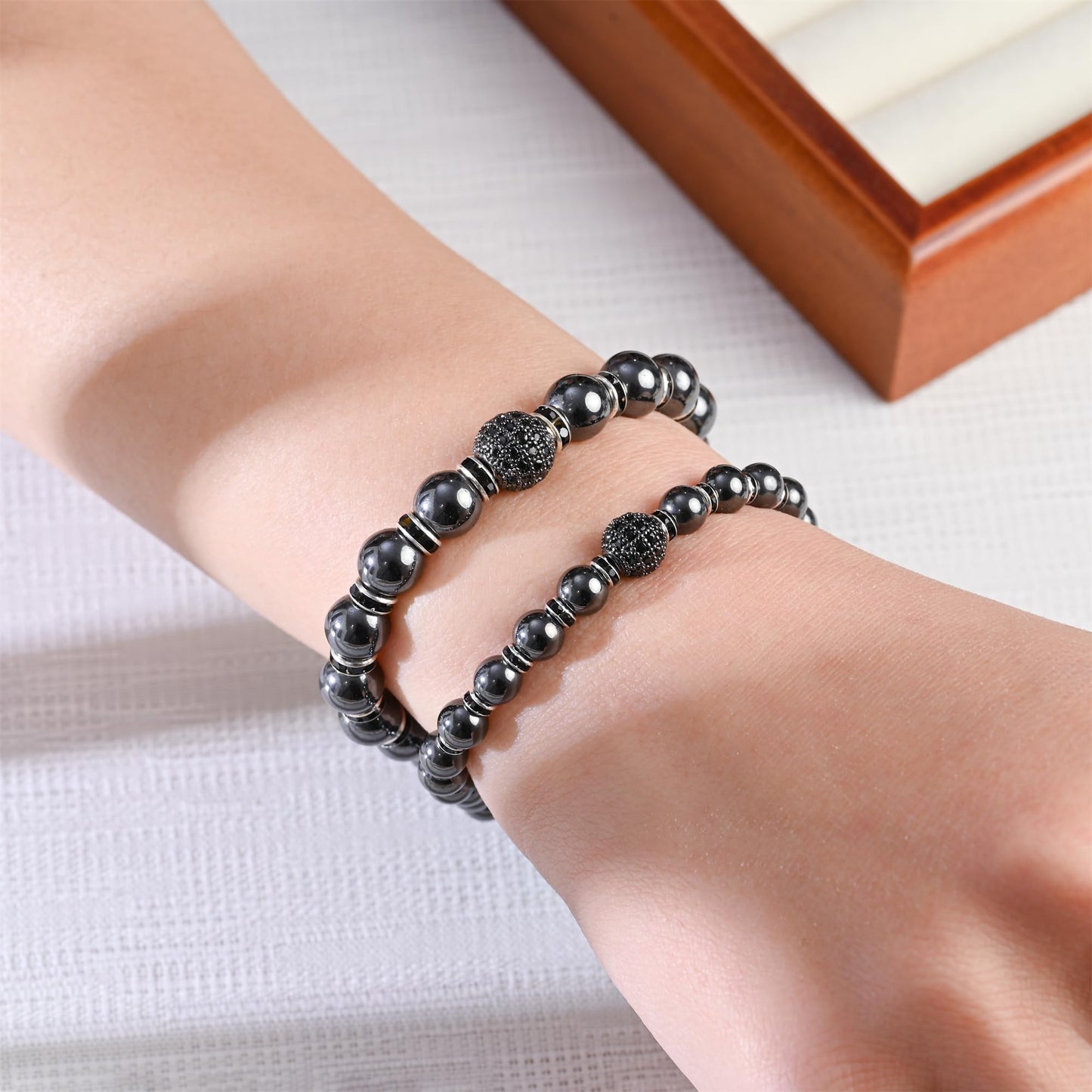 Apocalyptic-K Women's Magnetic Bracelet,Hematite Bracelets,Magnetic Bracelets With Zirconia,Handmade Stretch Bracelet,Eliminates static electricity. (6MM Black&8MM Zirconia)