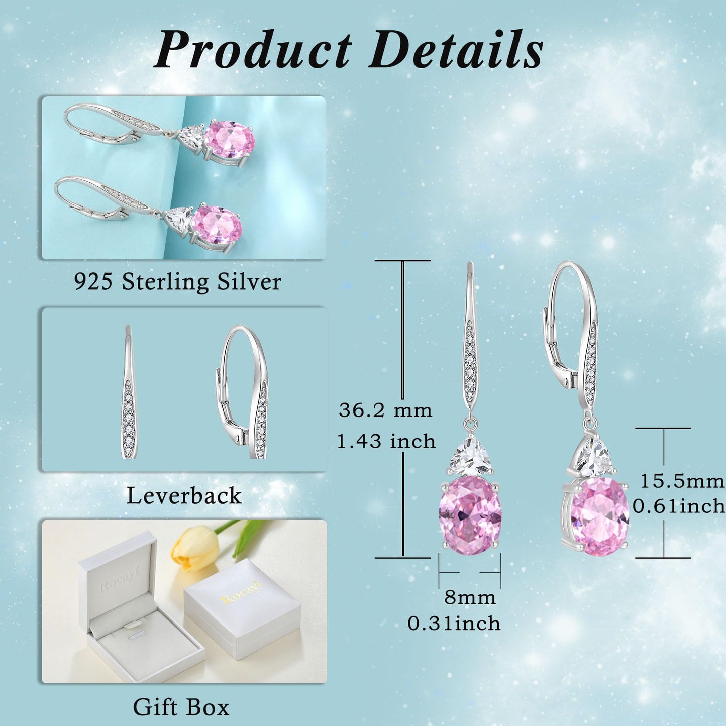Rocayi Oval Pink Tourmaline Earrings for Women 925 Sterling Silver Dangle Drop Leverback Earrings October Birthstone Jewelry for Her