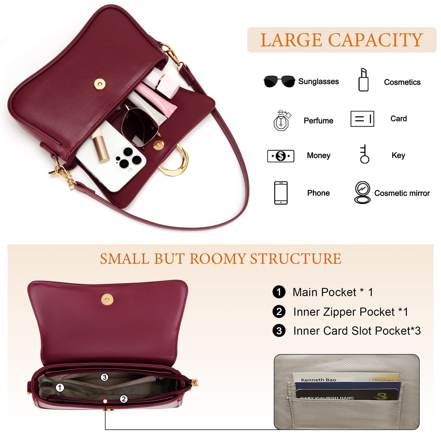 KKXIU Shoulder Bag for Women, Small Handbag Cute Purse Retro Clutch Underarm Hobo Bag, Wine Red