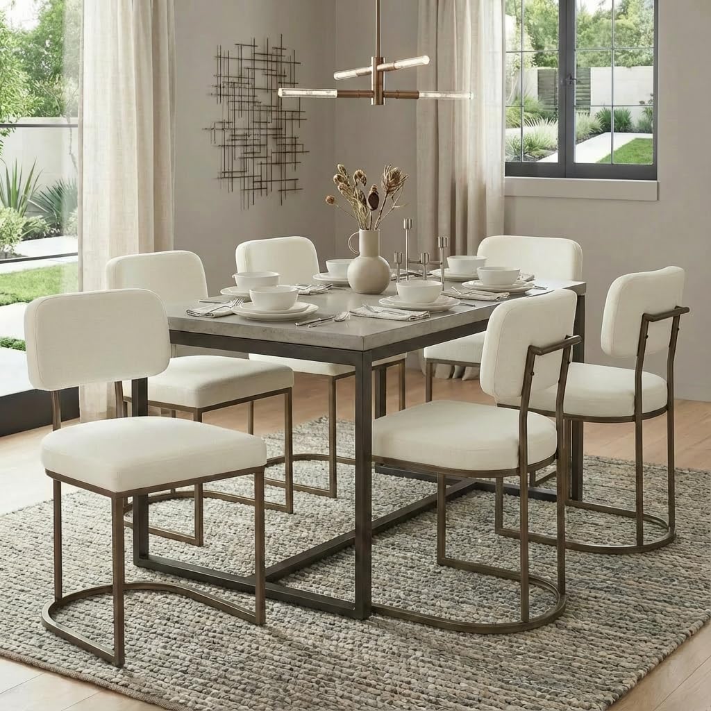 KISLOT Dining Chairs Set of 4, Upholstered Modern Kitchen Chairs with Ergonomic Backrest, Fabric Cushion & Wire Drawing Curve Metal Legs for Living Room, Restaurant, CafΓ©, Ivory, 2Boxs