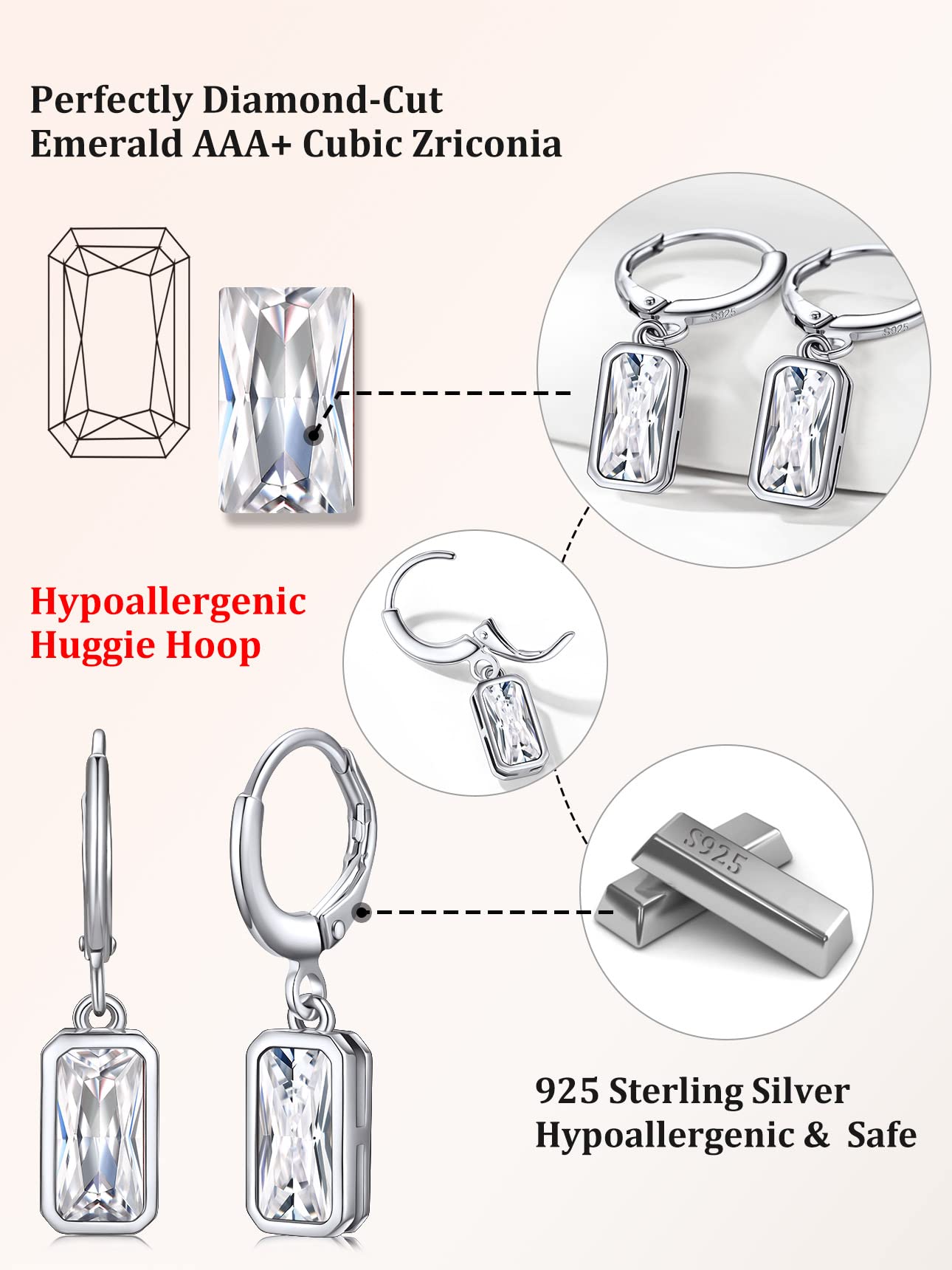 Bestyle Silver Solitaire Diamond Drop Earrings | Hypoallergenic Silver Huggie Hoop Earrings | Sparkle April Birthstone Earrings For Women | White CZ Huggie Earrings for Wedding Bridemaid