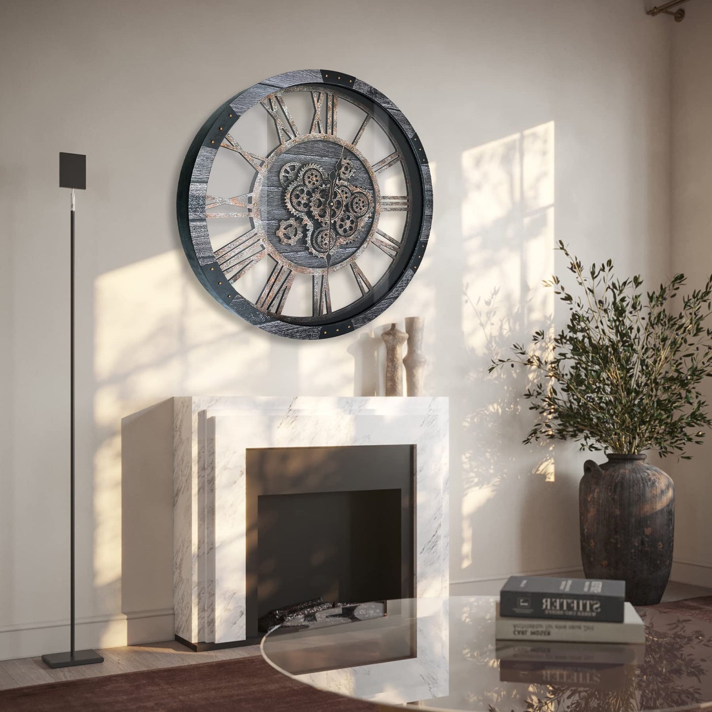 TOPPTIK 36 Inch Moving Gear Wall Clock, Oversized Wall Clocks, Clock Living Room Decor, Solid Wood Frame, Battery Operated, Large Wall Clock with Steampunk Industrial for Fireplace(Gray)
