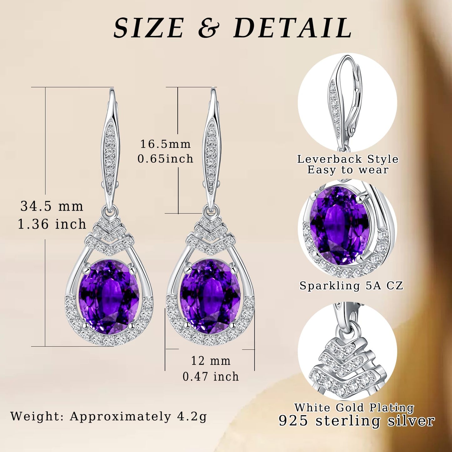 Valentine's Day Gifts for Women |18K G Plated Sterling Silver Birthstone Teardrop Leverback Drop Earring for Women Lady | Wedding Jewelry Gifts for the Bride | Hypoallergenic Oval Cut CZ Earrings (Silver-02-Feb.-Amethyst)